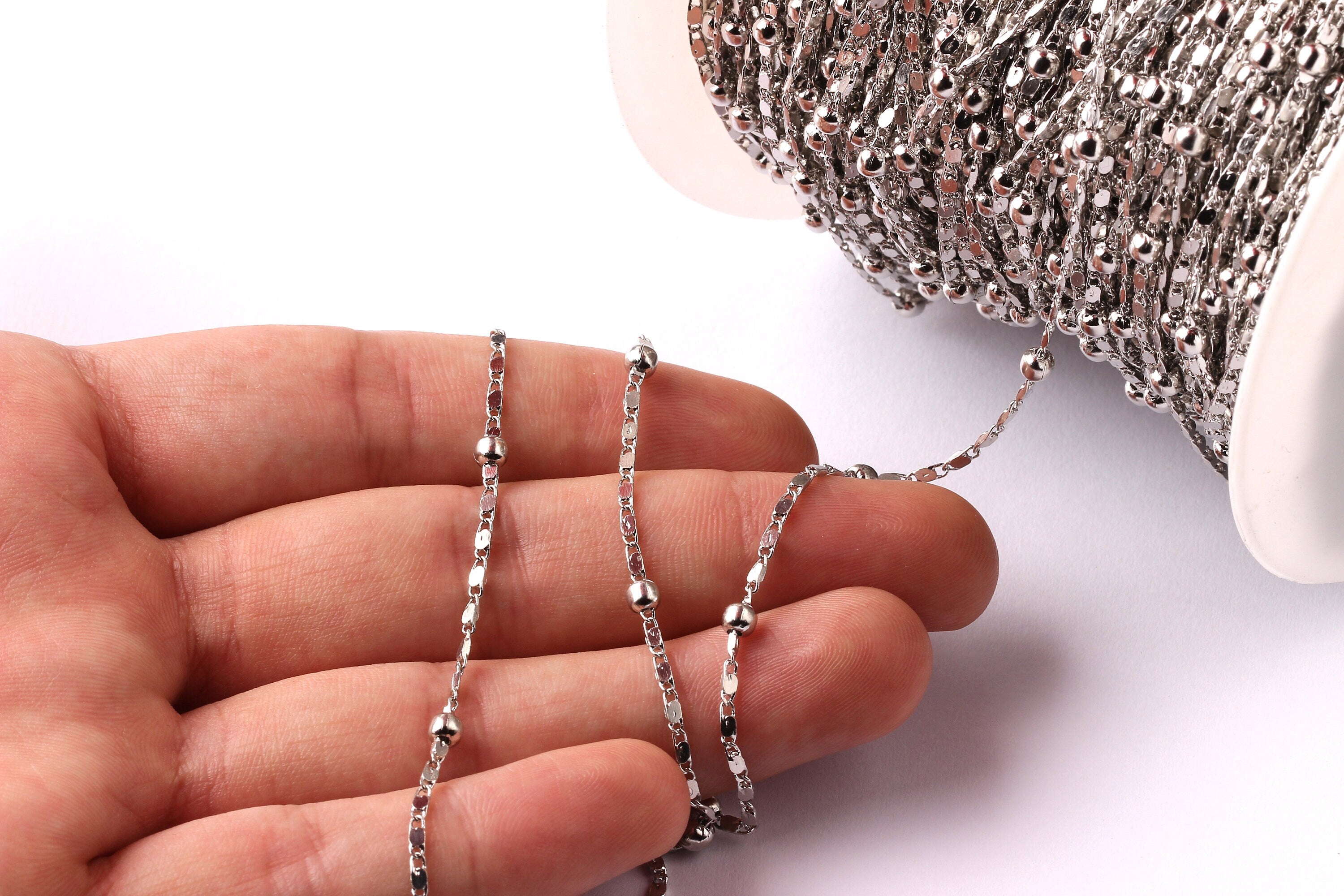 Ball Satellite Bar Chain - Brass Chain- Silver Plated - Soldered - 0.19" x 0.07" x 0.03"- for Necklace Bracelet Jewellery Making - CC1023 - DOMEDBAZAAR