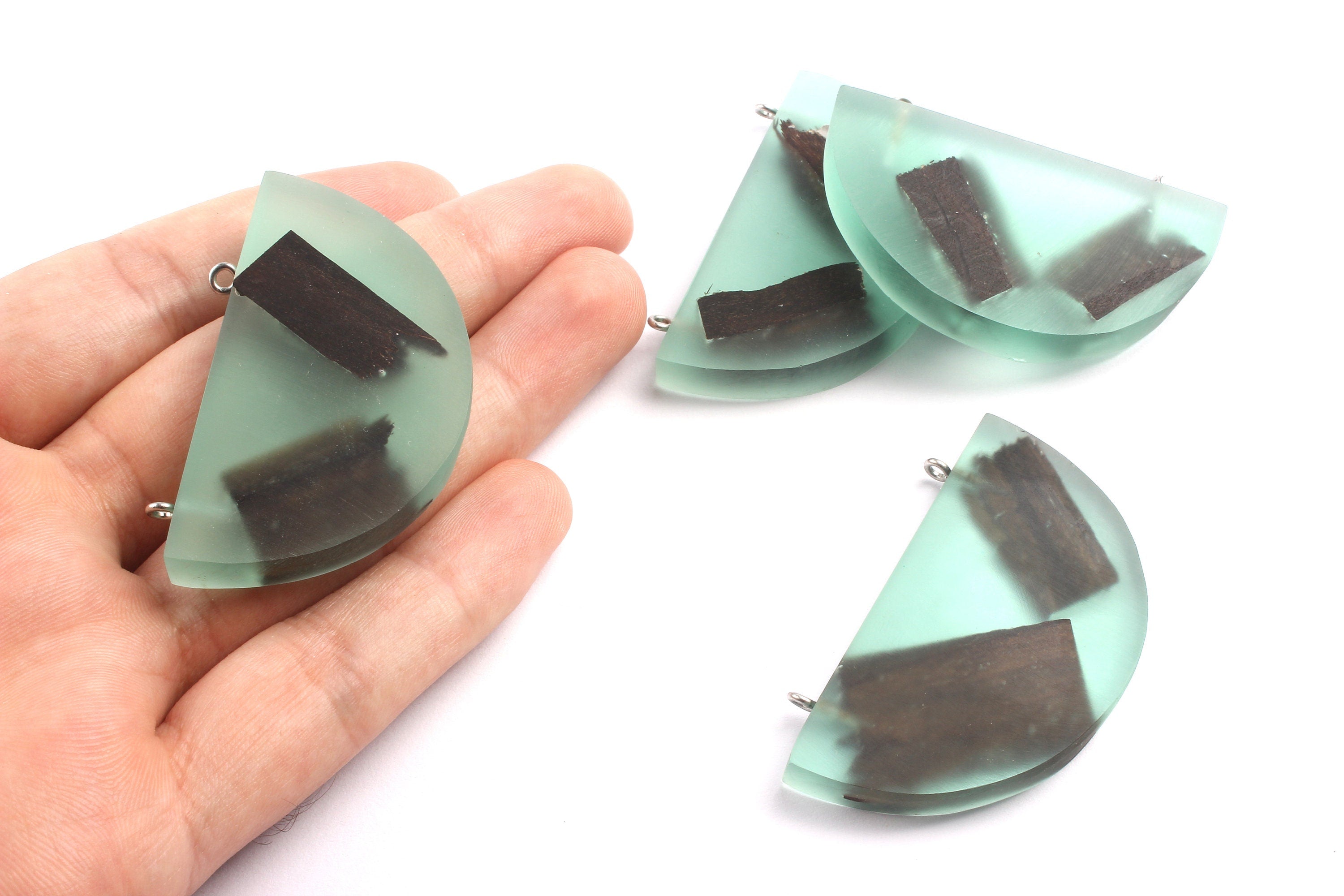 Grinding Glue Ebony Wooden Pendant - Green Half Circle Shaped Ebony Wood Grinding Glue - Wooden Beads - 33.9x54.4x7.58mm - BB1038A - DOMEDBAZAAR