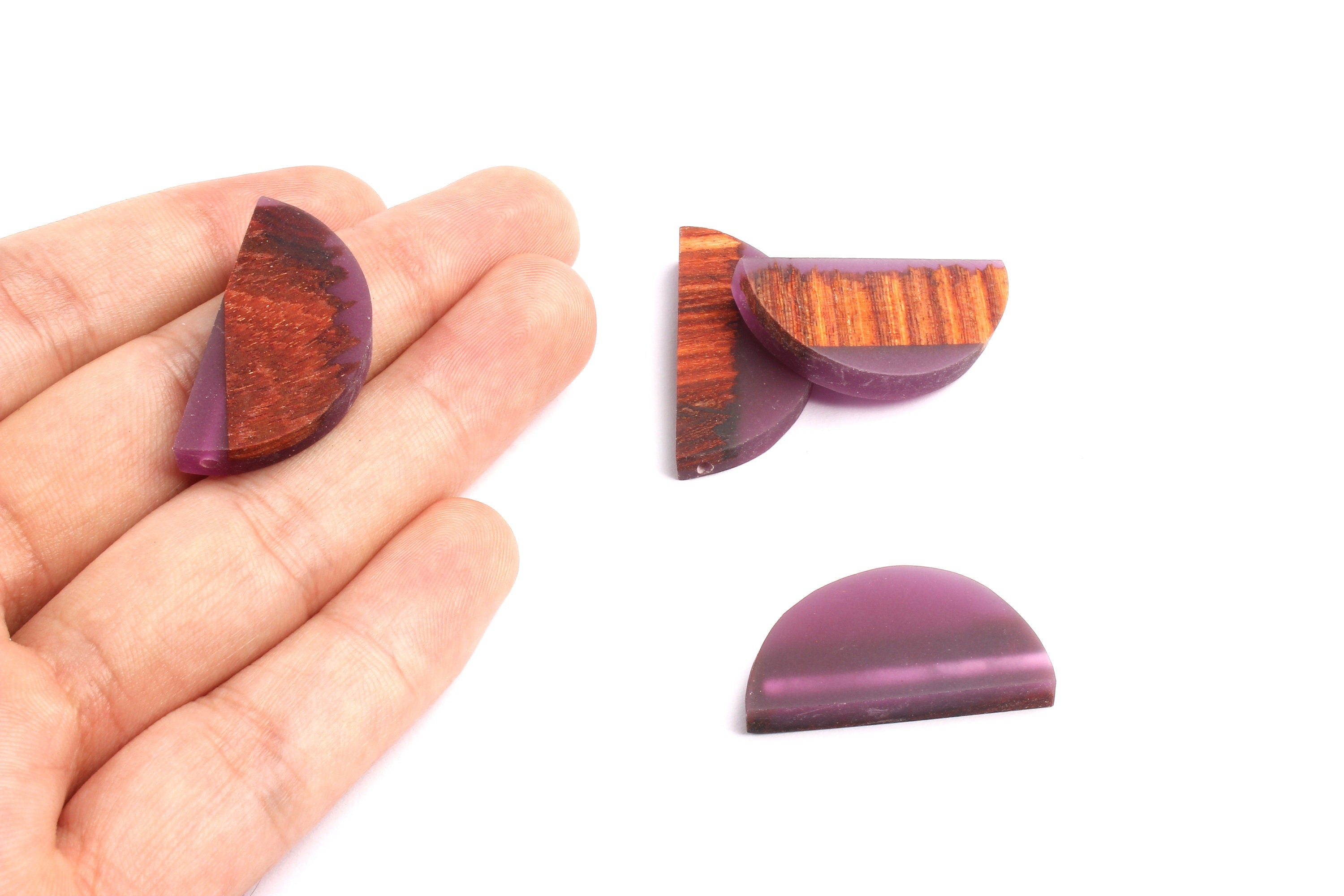 Epoxy Ebony Wood Pendant - Resin&Wood Semicircle Pendant - Purple Brown Half Moon Pendant with 2 Holes - 15.7x31.8x5.67mm - BB1051F - DOMEDBAZAAR