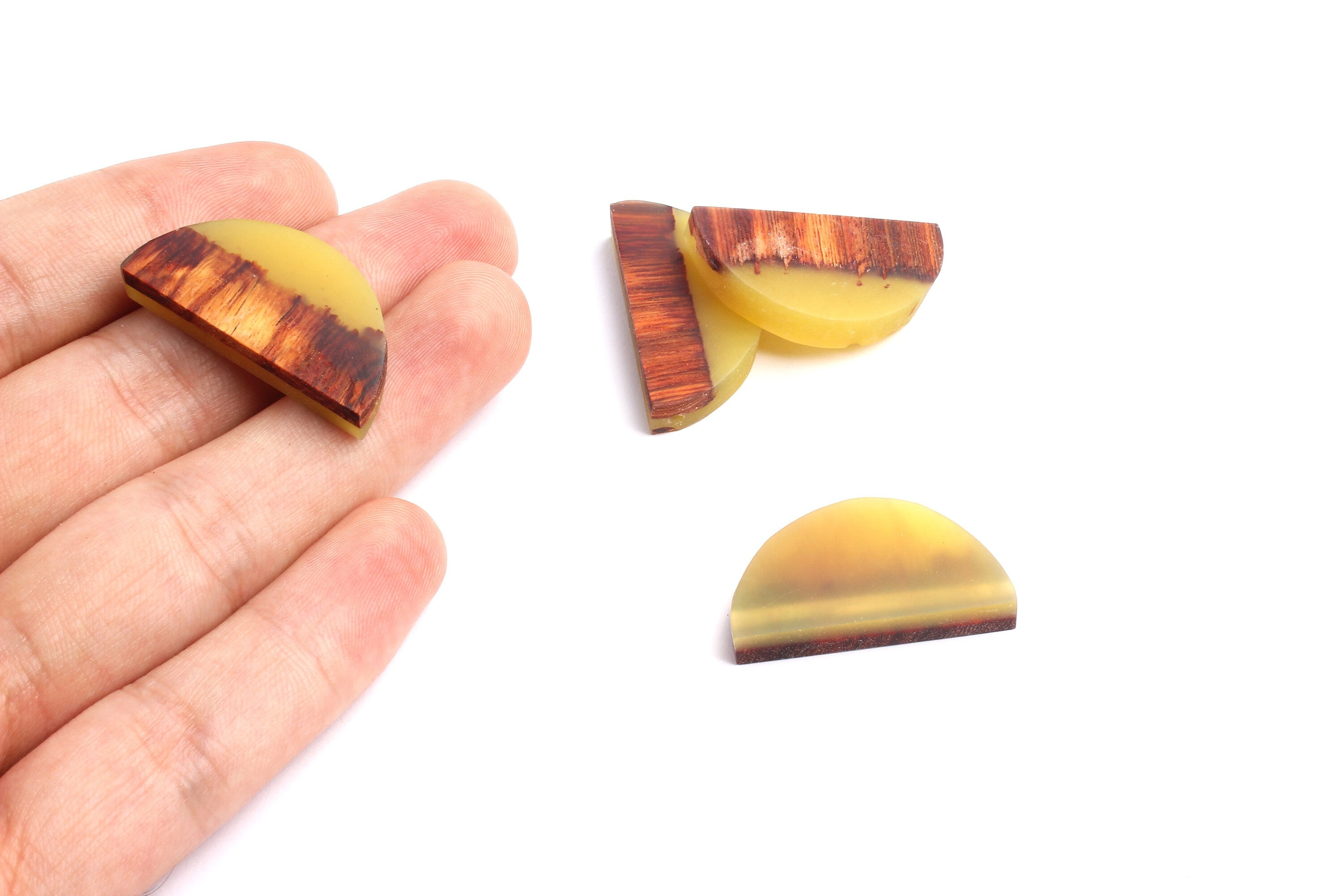 Epoxy Ebony Wood Pendant - Resin&Wood Semicircle Pendant - Yellow Brown Half Moon Pendant with 2 Holes - 15.7x31.8x5.67mm - BB1051E - DOMEDBAZAAR