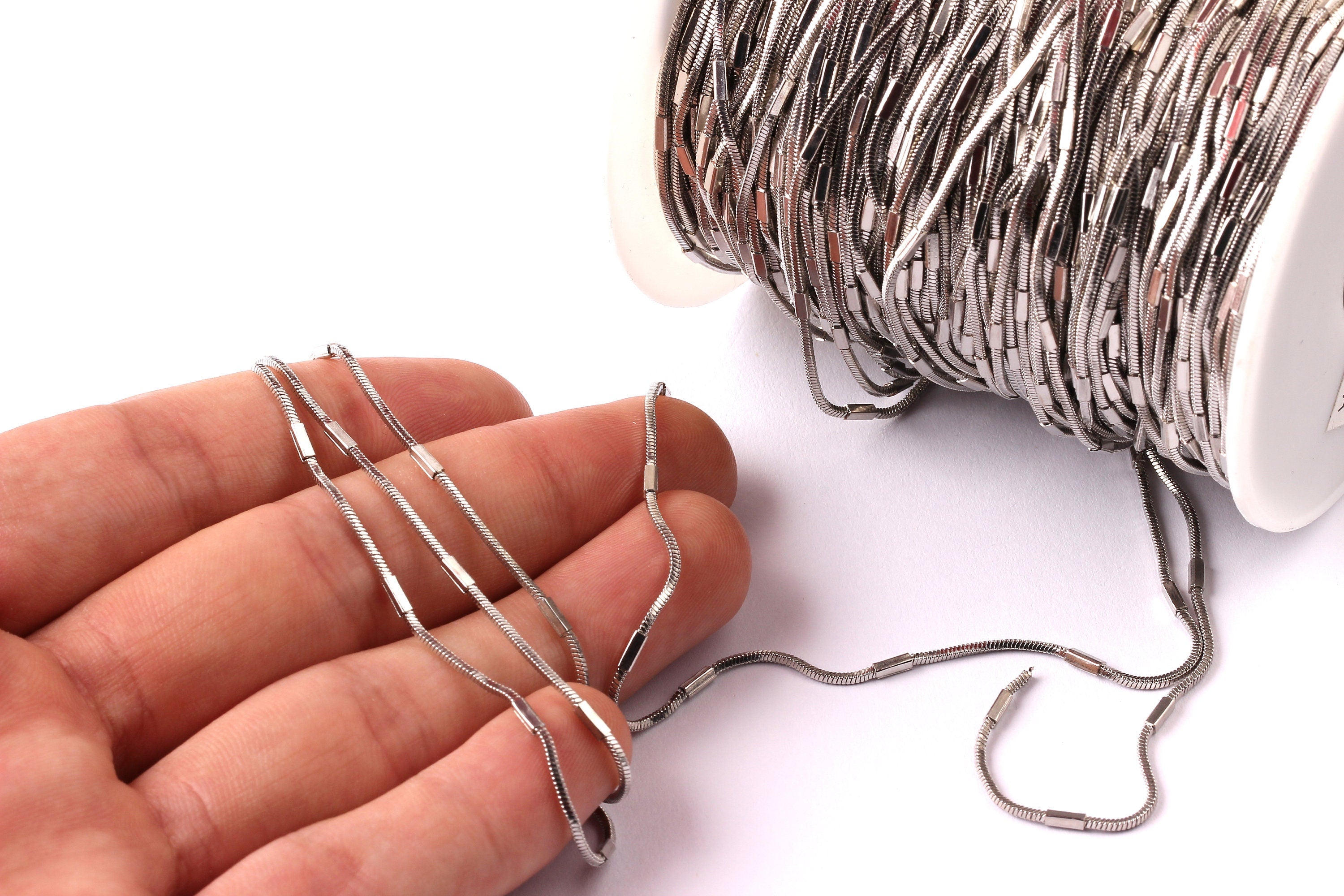 Bar Satellite Cube Snake Chain - Brass Chain- Silver Plated - Soldered - 0.04" - for Necklace Bracelet Earing Jewellery Making - CC1005 - DOMEDBAZAAR