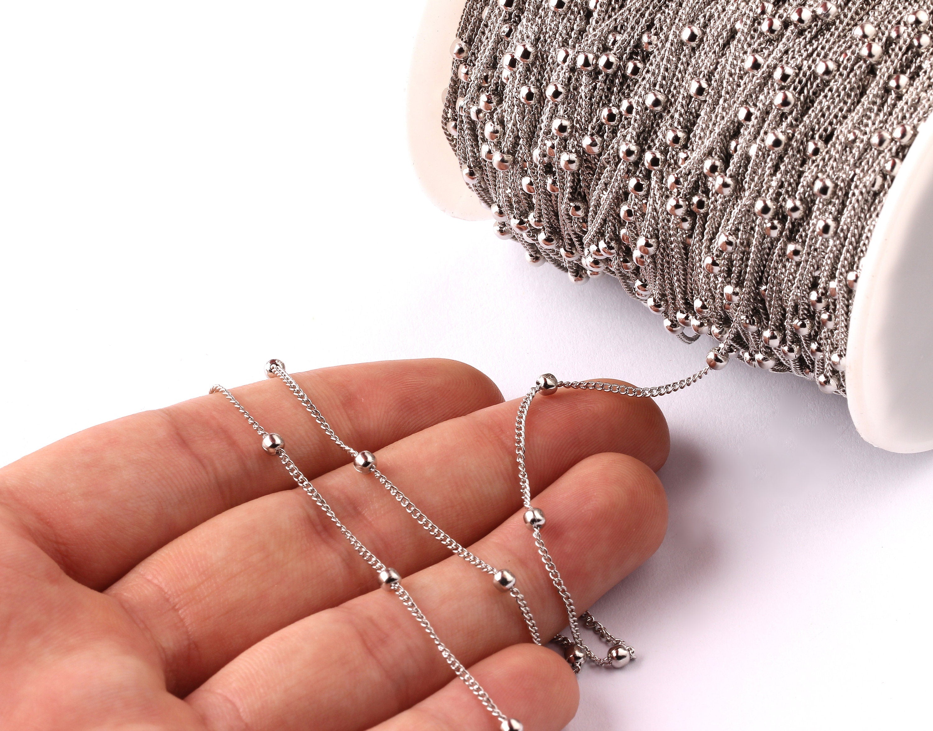 Ball Satellite Curb Chain - Iron Chain- Silver Plated - Soldered - 0.07" x 0.05" x 0.01" - for Necklace Bracelet Jewellery Making - CC1013 - DOMEDBAZAAR