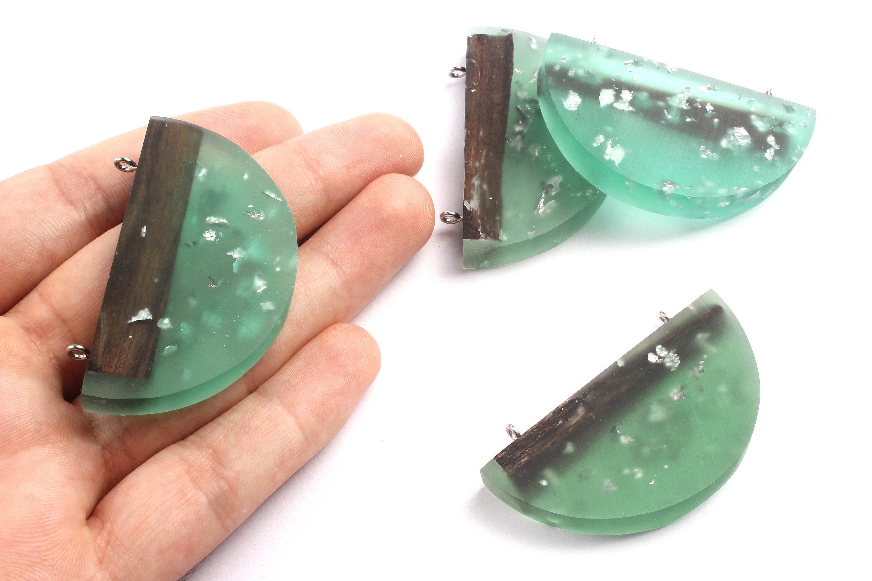 Grinding Glue Ebony Wooden Pendant - Turquoise Half Circle Shaped Ebony Wood Grinding Glue - Wooden Beads - 33.9x54.4x7.58mm - BB1037A - DOMEDBAZAAR