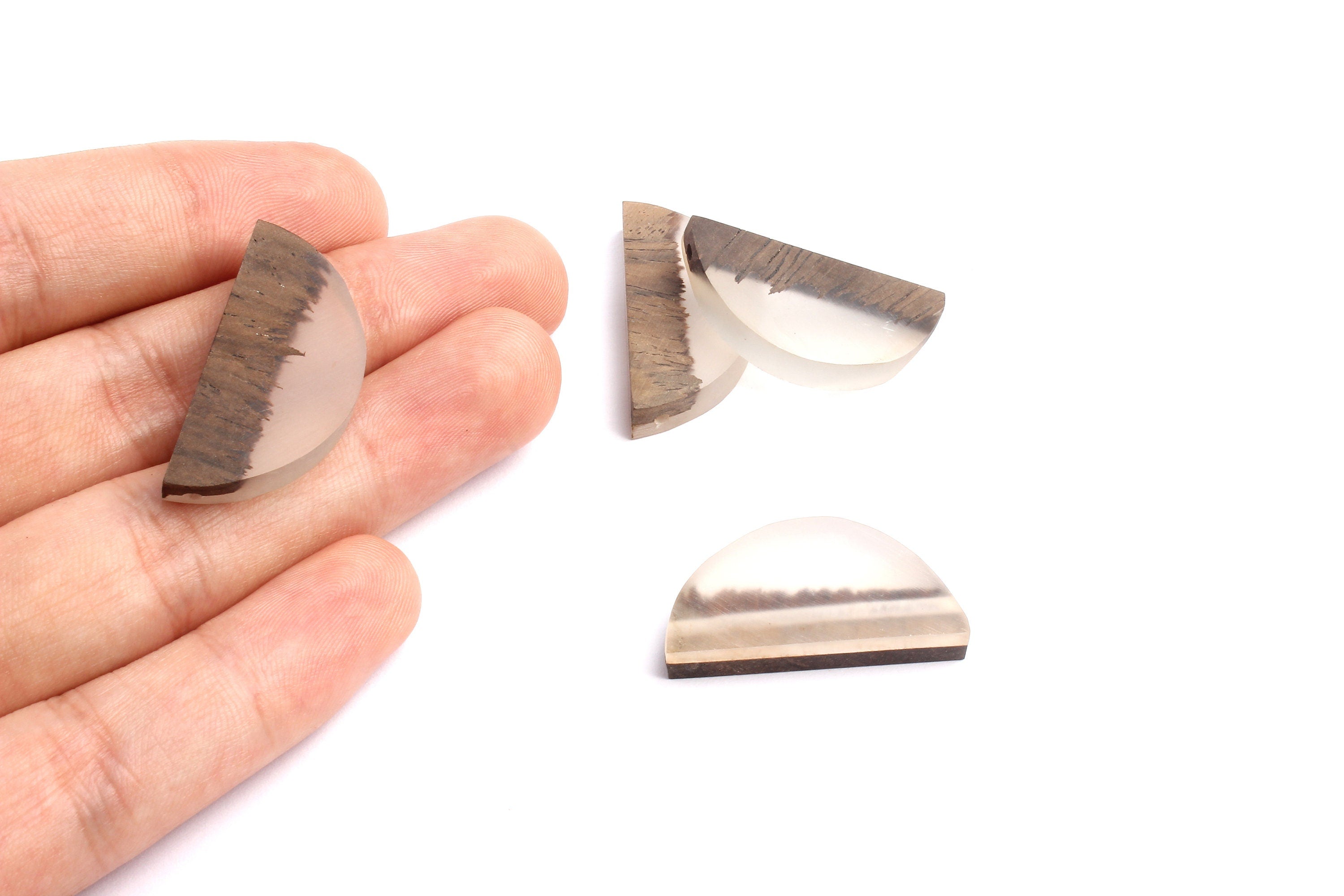 Epoxy Ebony Wood Pendant - Resin&Wood Semicircle Pendant - Clear and Brown Half Moon Pendant with 2 Holes - 15.7x31.8x5.67mm - BB1051D - DOMEDBAZAAR