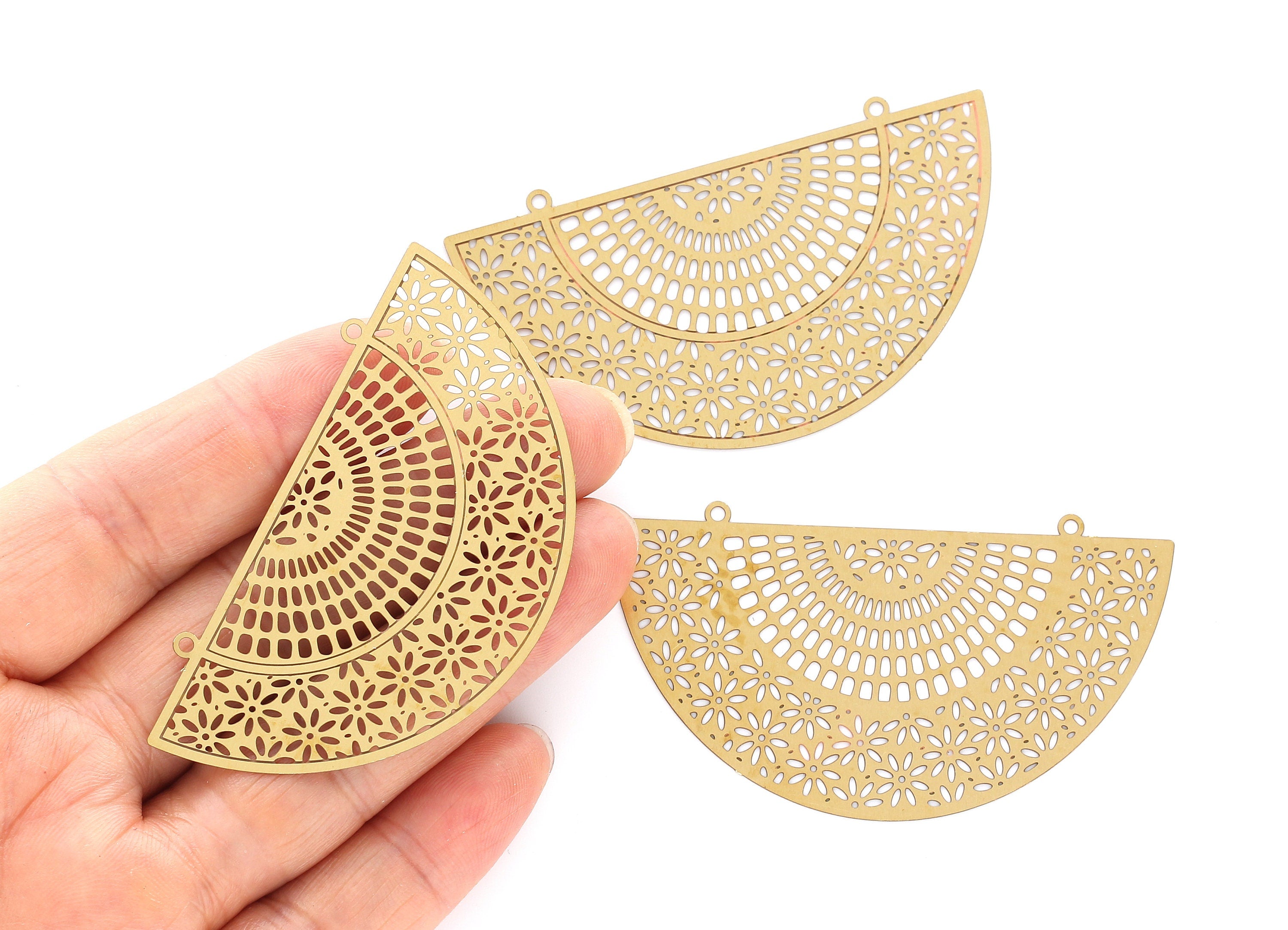 Raw Brass Semicircle Shaped  Necklace Charms - Hallow Out Necklace Charms - Necklace Findings - Jewelry Supplies - 36.2x63.7x0.3mm - JJB3258 - DOMEDBAZAAR