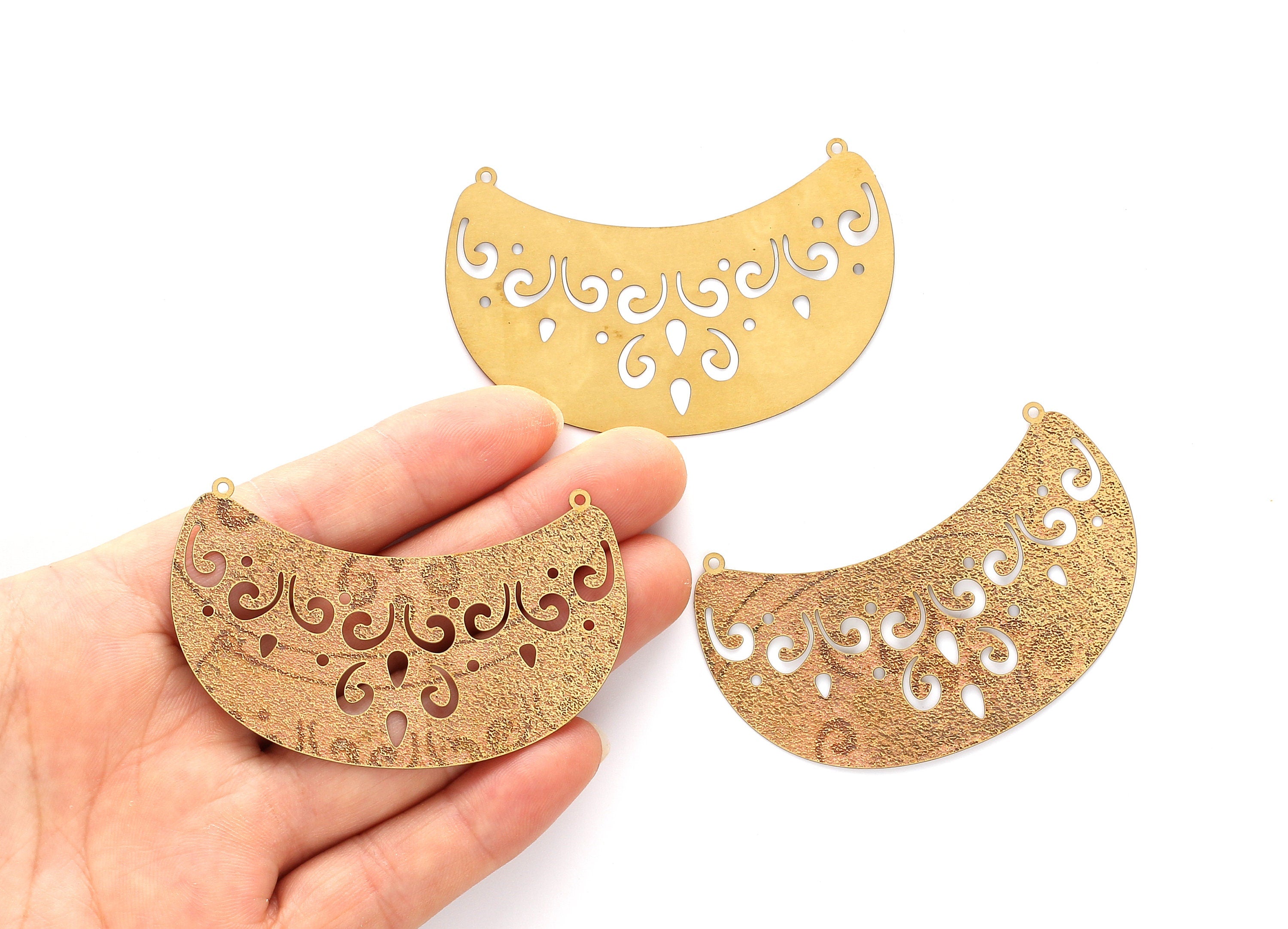Raw Brass Semicircle Shaped Brass Necklace Charms - Hallow Out Necklace Charms - Jewelry Supplies - 41x63.2x0.3mm - JJA3928 - DOMEDBAZAAR