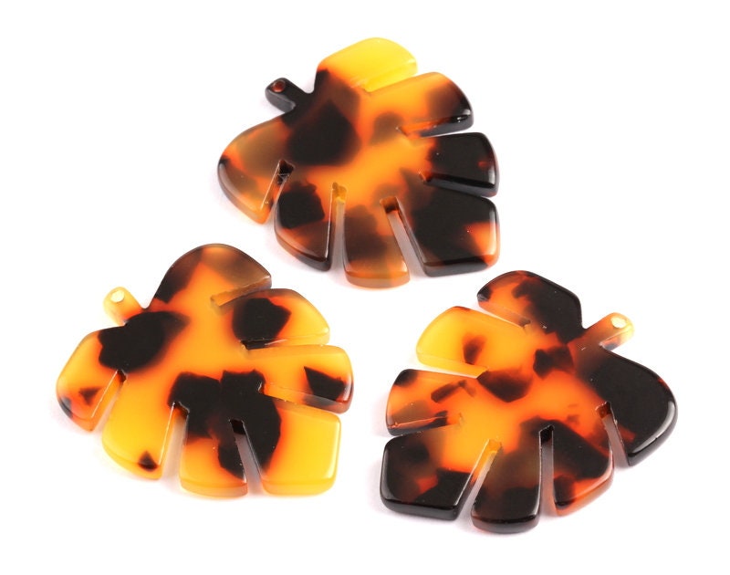 Tortoise Shell Earrings - Acetate Earring Charms - Monstera Leaf Shaped Pendant - Color Code: A01 - 30x24.5x2.57mm - AC1087A - DOMEDBAZAAR
