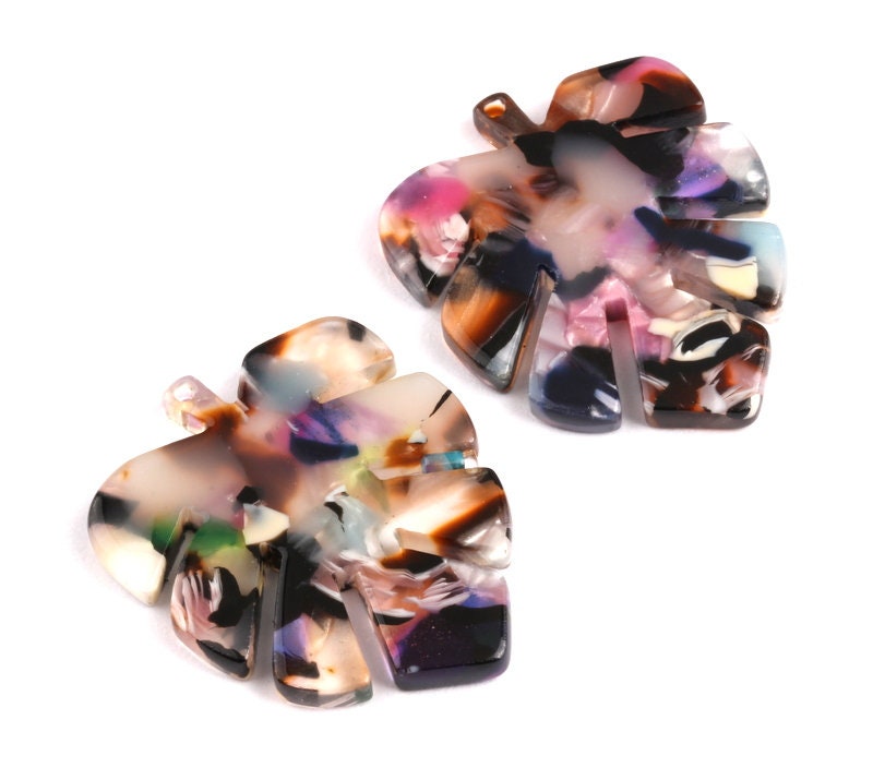 Tortoise Shell Earrings - Acetate Earring Charms - Monstera Leaf Shaped Pendant - Color Code: A61 - 30x24.5x2.57mm - AC1087C - DOMEDBAZAAR
