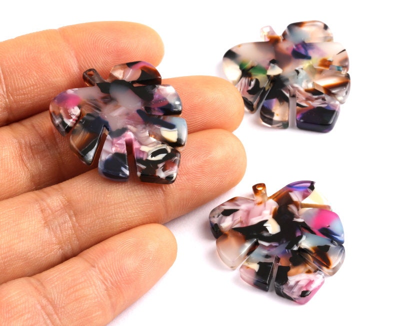 Tortoise Shell Earrings - Acetate Earring Charms - Monstera Leaf Shaped Pendant - Color Code: A61 - 30x24.5x2.57mm - AC1087C - DOMEDBAZAAR