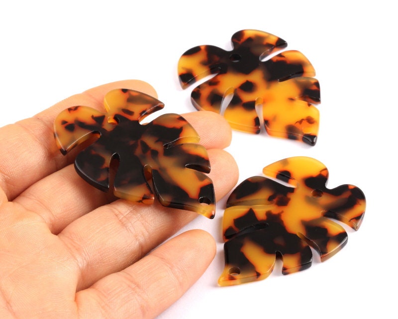 Acetate Acrylic Earring Charms - Tortoise Shell Earrings - Monstera Leaf Shaped Pendant - Color Code: A01 - 51x35.5x2.44mm - AC1088A - DOMEDBAZAAR