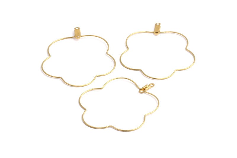 Raw Brass Earring Hoops - Flower Shaped Ear Wire - Geometric Earring Findings - Jewelry Supplies - 46x38.5x0.7mm - PP1364 - DOMEDBAZAAR