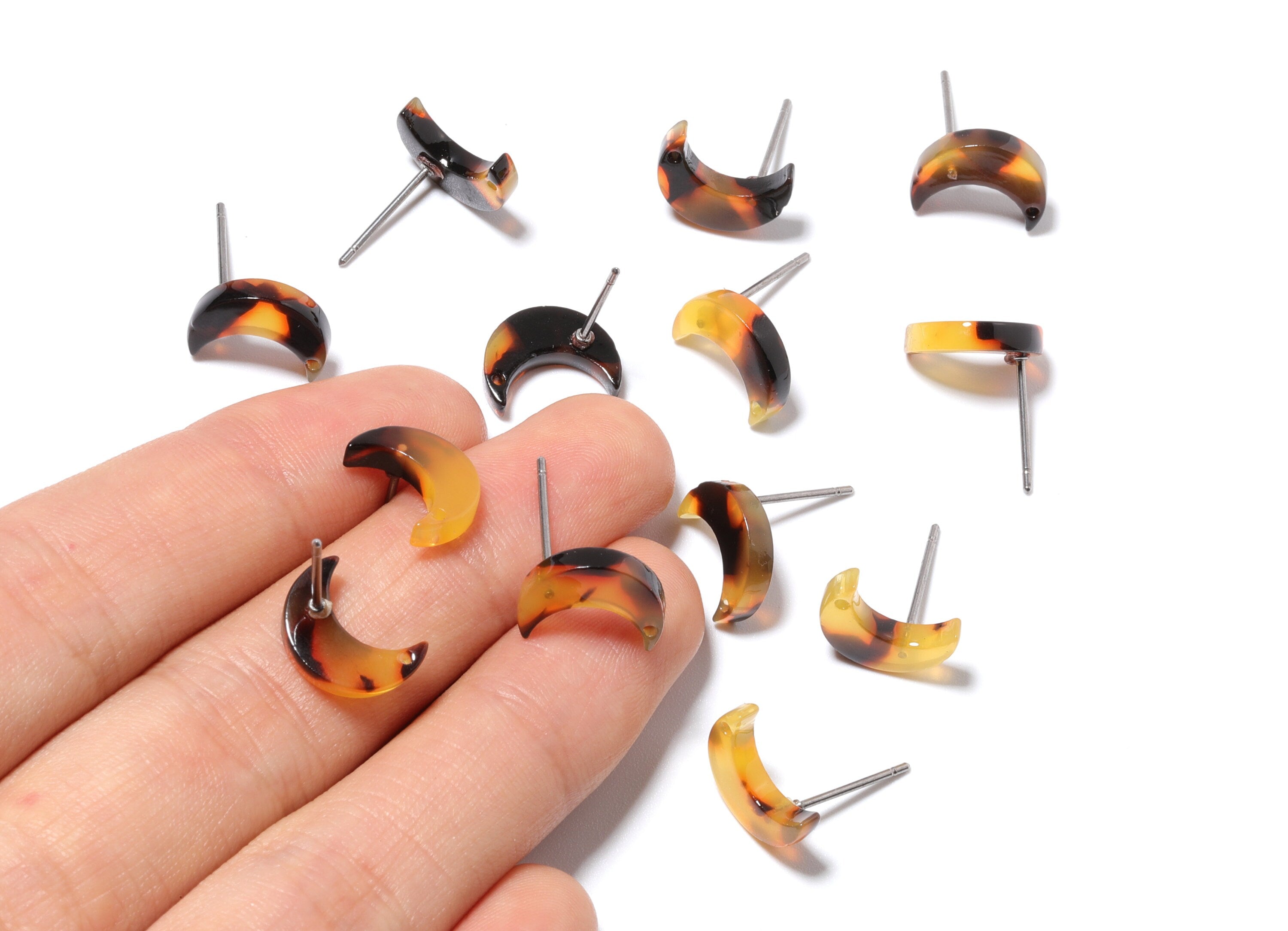 Acetate Acrylic Earring Stud - Tortoise Shell Moon Earring Post - Jewelry Making Supplies - Color Code: A02 - 11.7x8.6x2.65mm - AC1137C - DOMEDBAZAAR