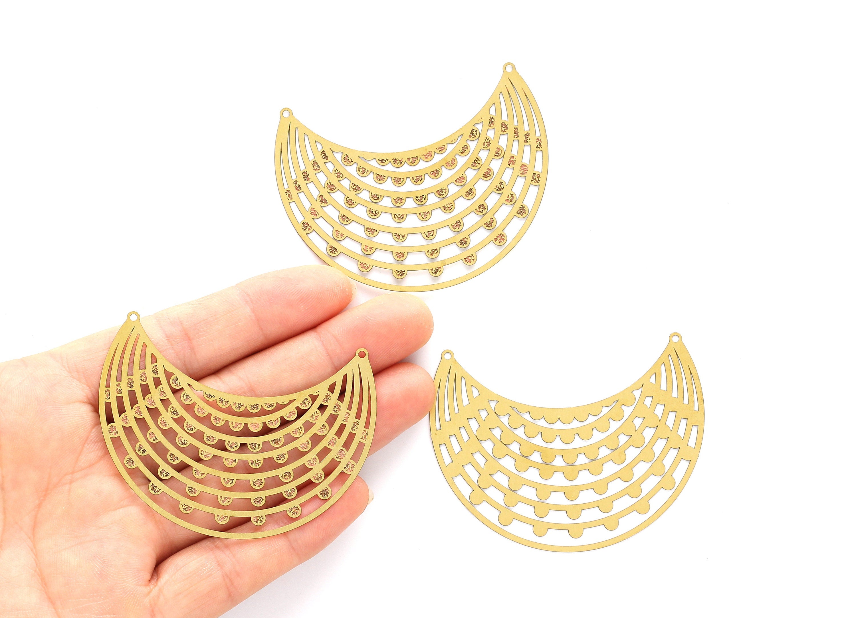 Raw Brass Semicircle Shaped Brass Necklace Charms - Hallow Out Necklace Charms - Jewelry Supplies - 53.5x60.5x0.3mm - JJA3899 - DOMEDBAZAAR
