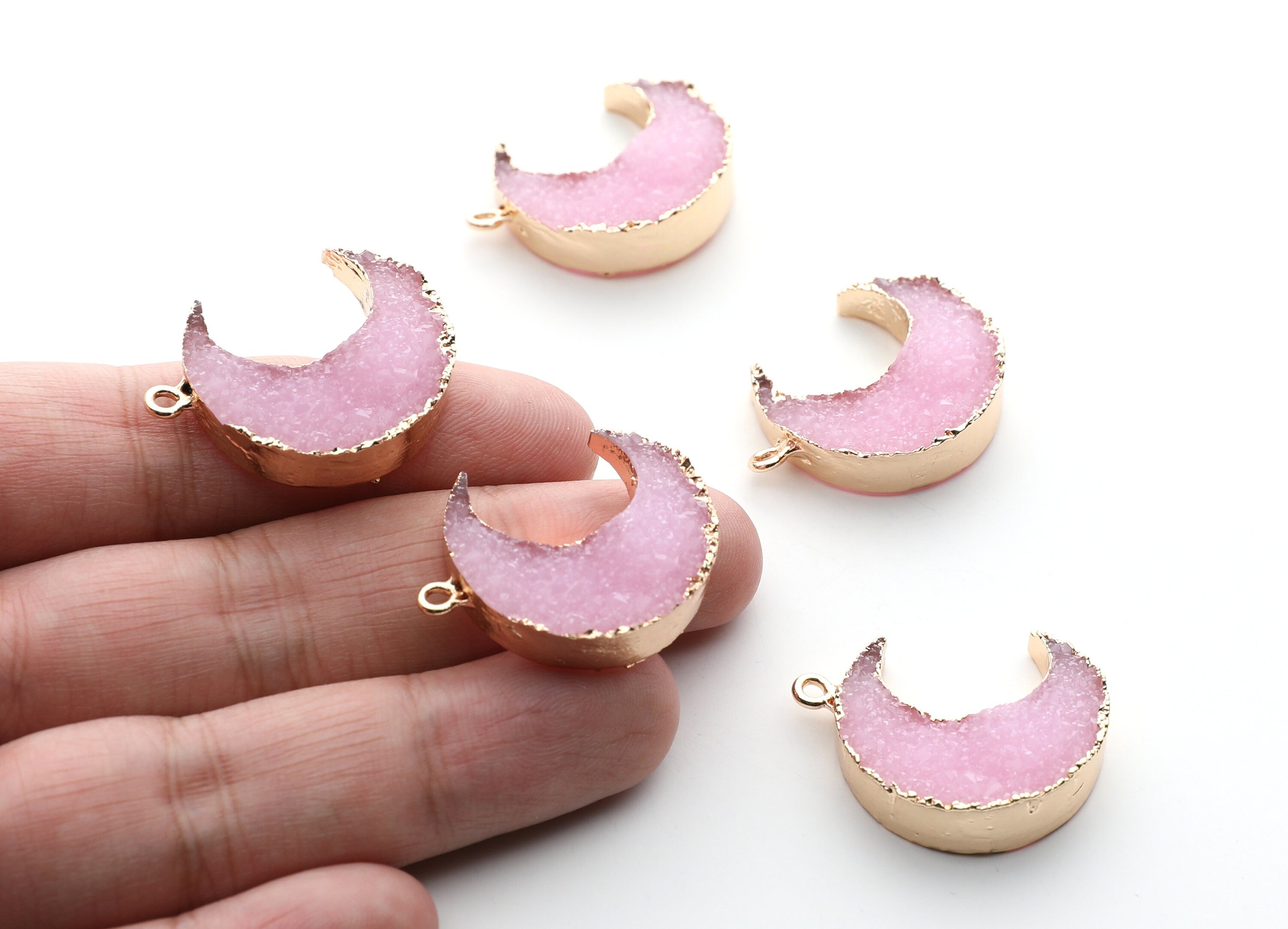Druzy Earring Charms - Pink Resin Copper Earrings for Right Side - Big Moon Shaped Pendant - 30.42x22.96x8.36mm - RC1002A - DOMEDBAZAAR