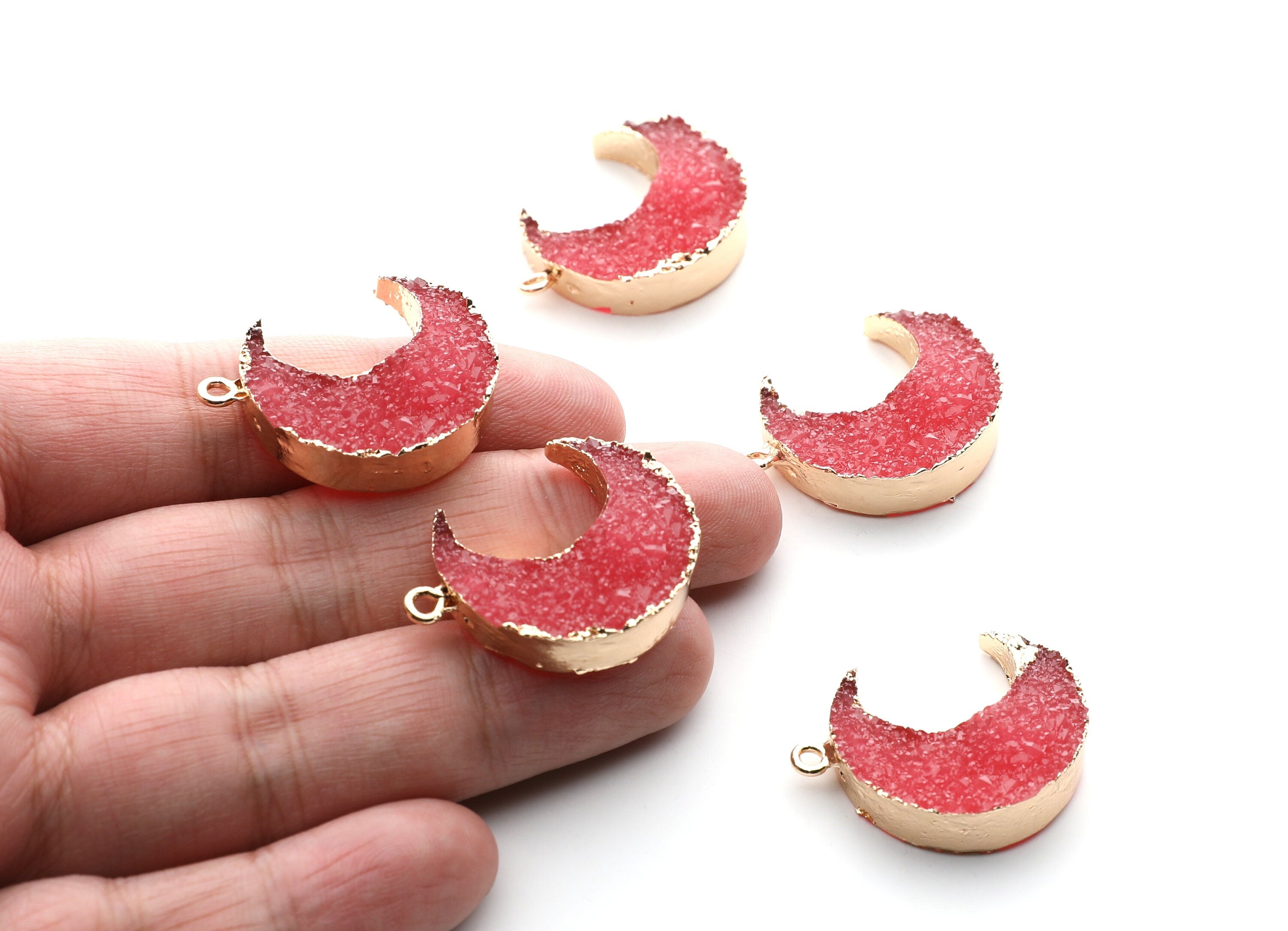 Druzy Earring Charms - Red Resin Copper Earrings for Right Side - Big Moon Shaped Pendant - 30.42x22.96x8.36mm - RC1002B - DOMEDBAZAAR