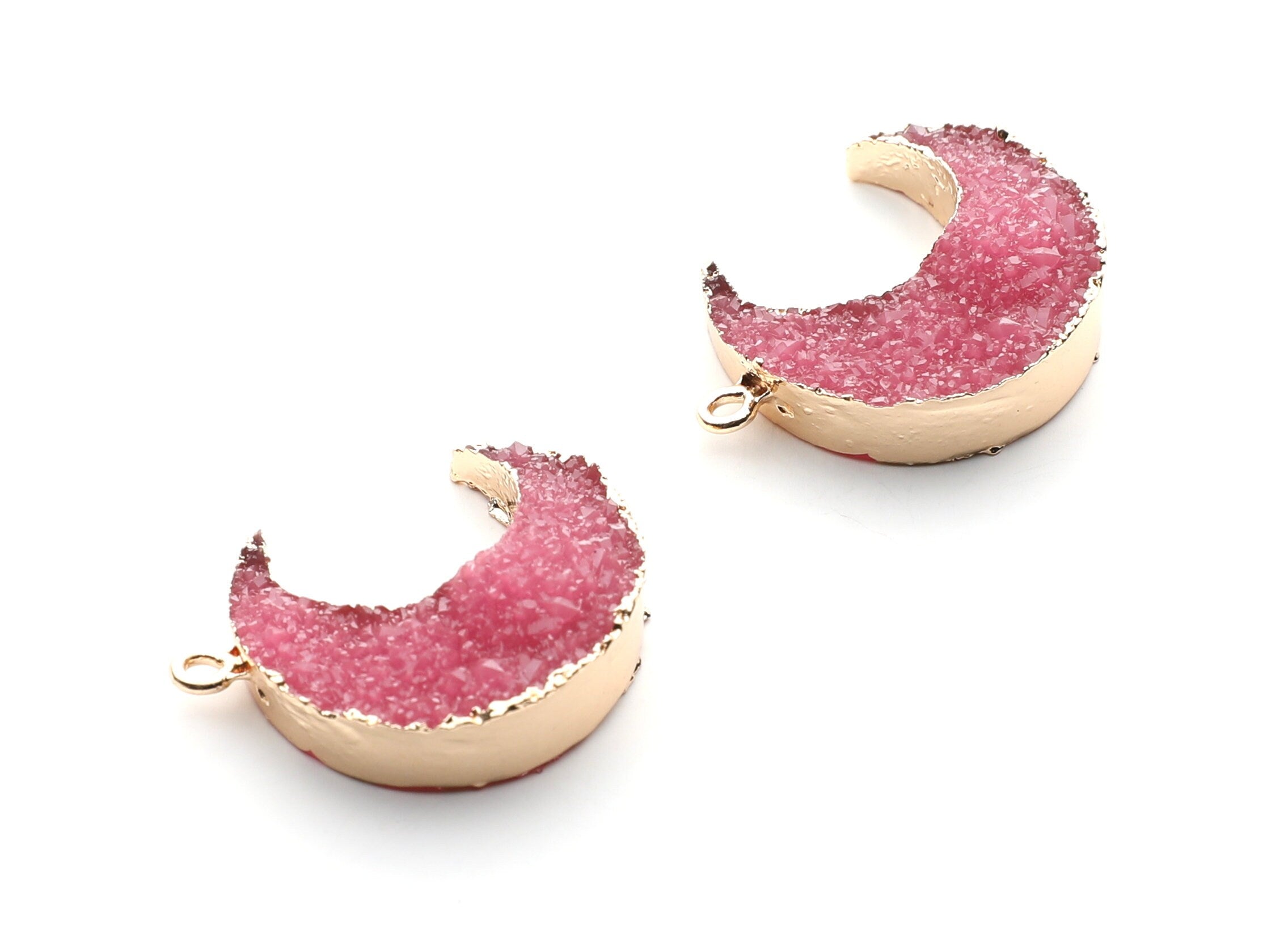 Druzy Earring Charms - Dark Pink Resin Copper Earrings for Right Side - Big Moon Shaped Pendant - 30.42x22.96x8.36mm - RC1002C - DOMEDBAZAAR