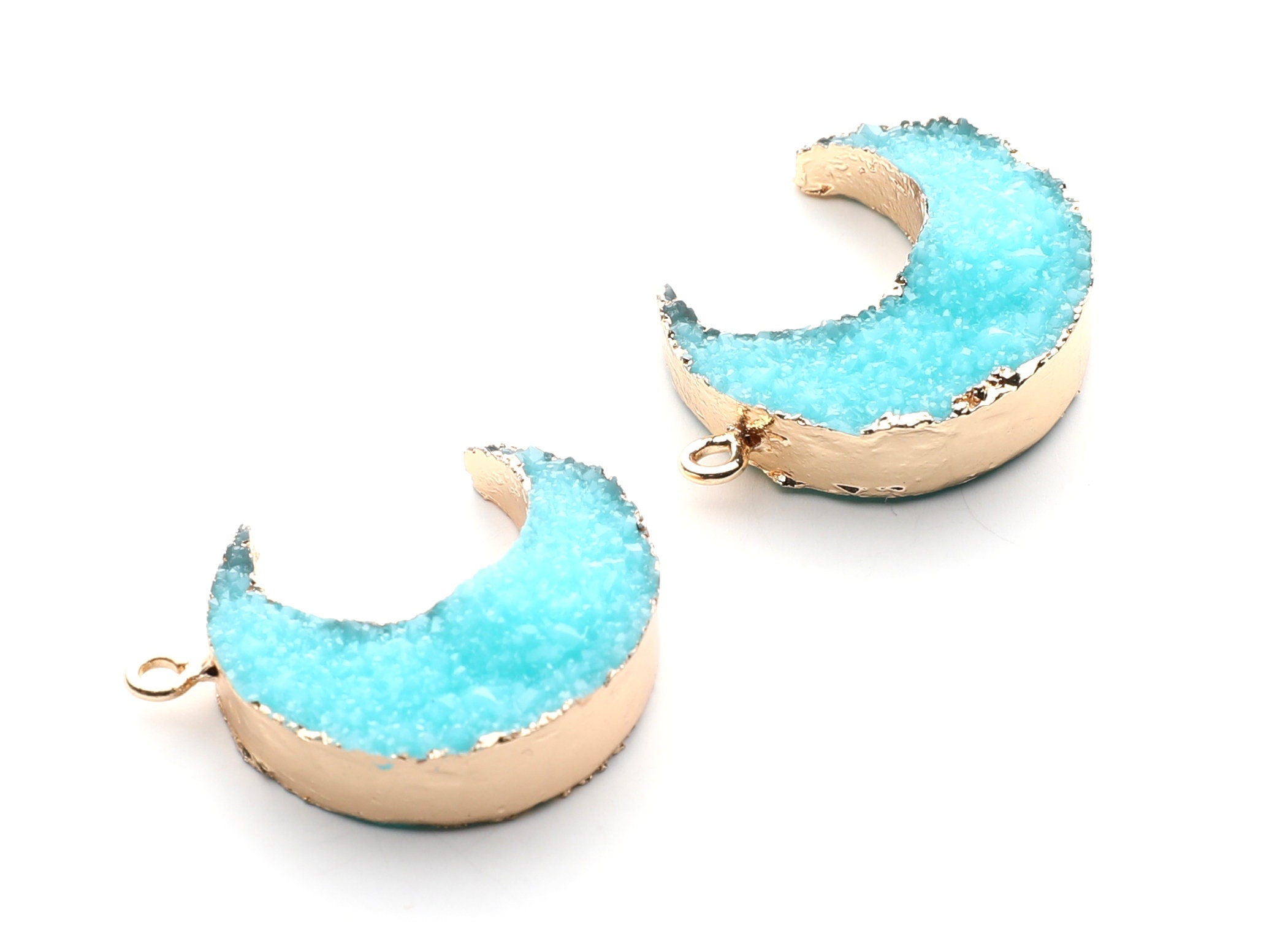 Druzy Earring Charms - Light Blue Resin Copper Earrings for Right Side - Big Moon Shaped Pendant - 30.42x22.96x8.36mm - RC1002E - DOMEDBAZAAR
