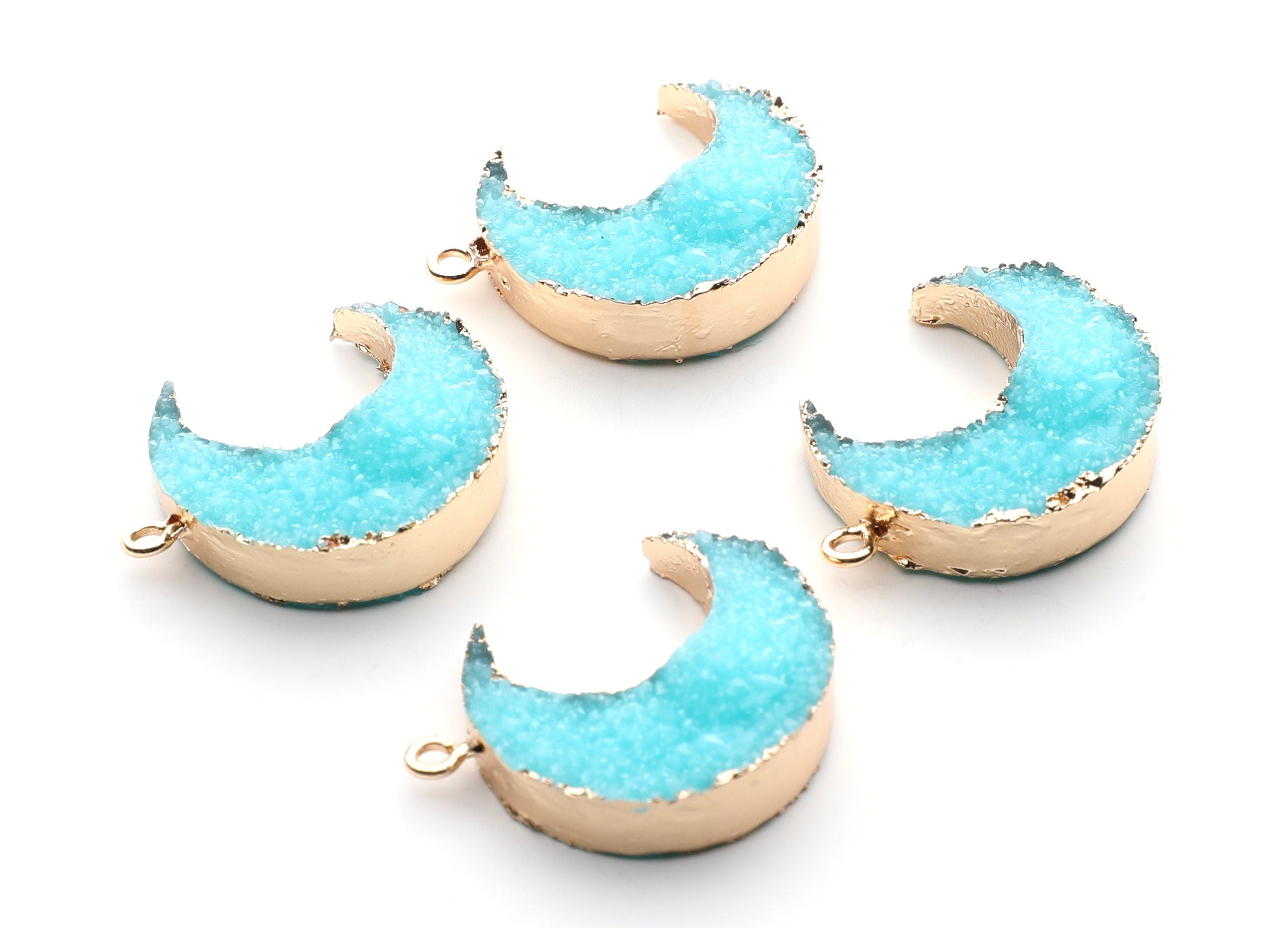 Druzy Earring Charms - Light Blue Resin Copper Earrings for Right Side - Big Moon Shaped Pendant - 30.42x22.96x8.36mm - RC1002E - DOMEDBAZAAR