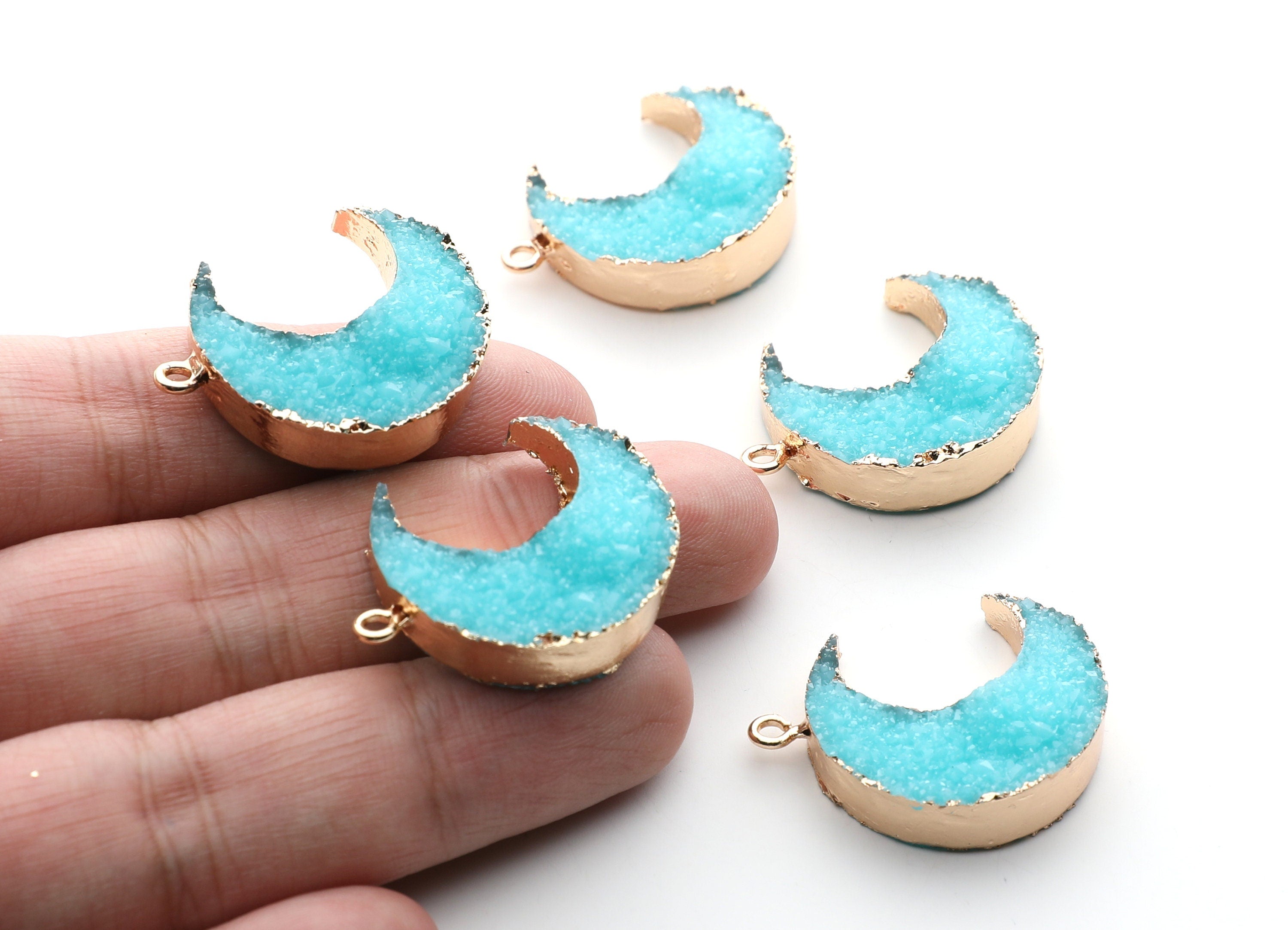Druzy Earring Charms - Light Blue Resin Copper Earrings for Right Side - Big Moon Shaped Pendant - 30.42x22.96x8.36mm - RC1002E - DOMEDBAZAAR