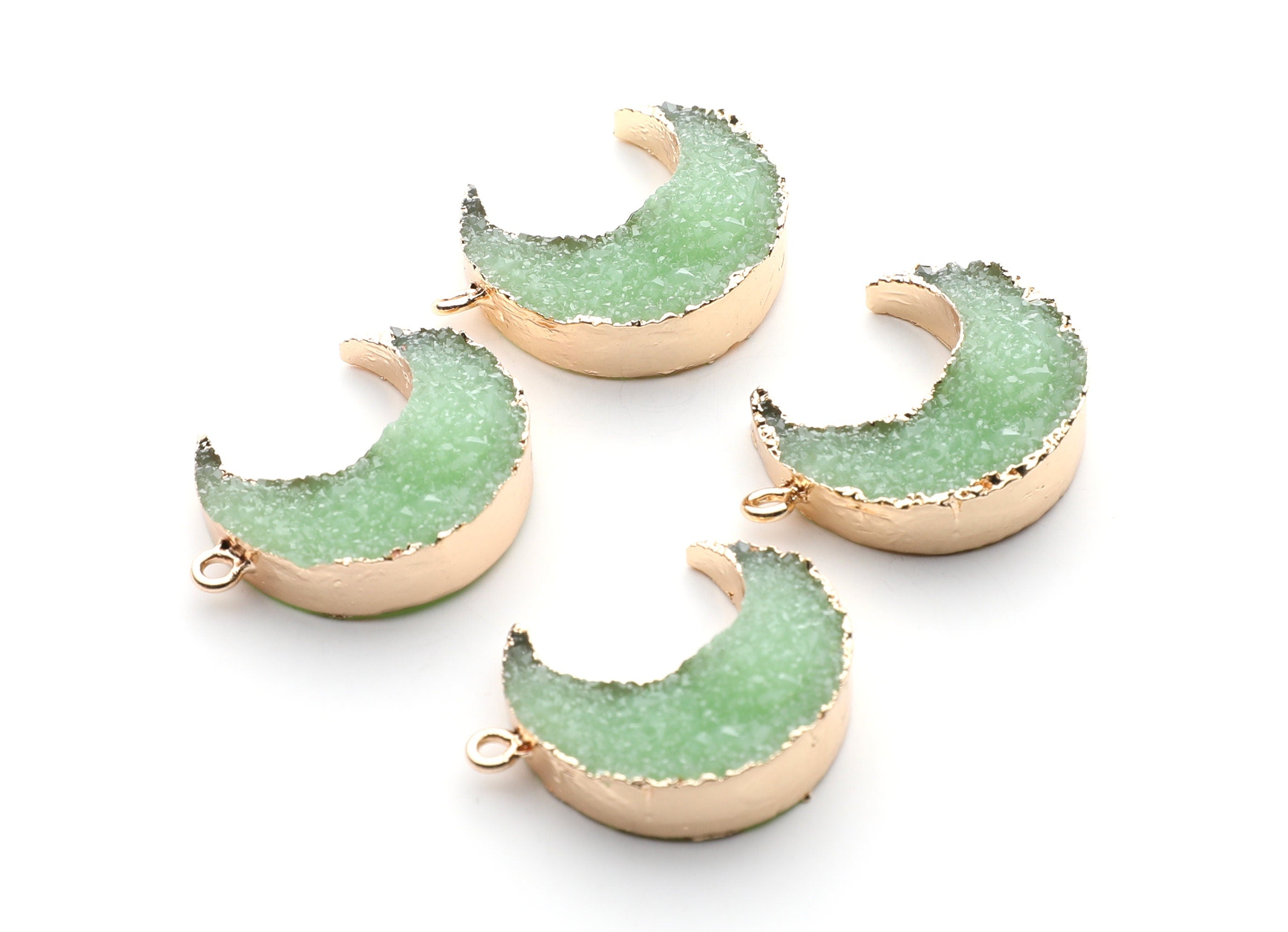 Druzy Earring Charms - Light Green Resin Copper Earrings for Right Side - Big Moon Shaped Pendant - 30.42x22.96x8.36mm - RC1002J - DOMEDBAZAAR