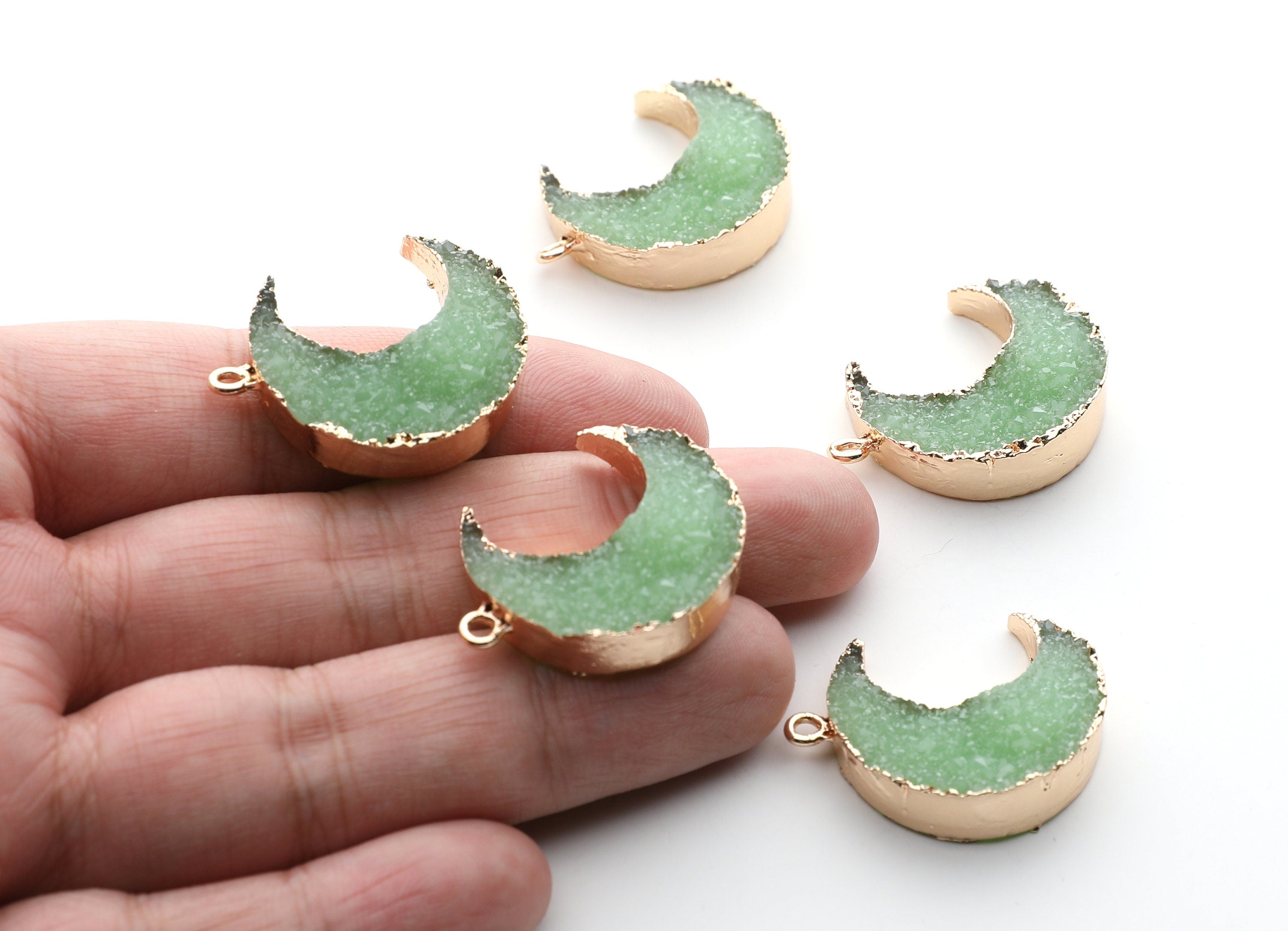 Druzy Earring Charms - Light Green Resin Copper Earrings for Right Side - Big Moon Shaped Pendant - 30.42x22.96x8.36mm - RC1002J - DOMEDBAZAAR