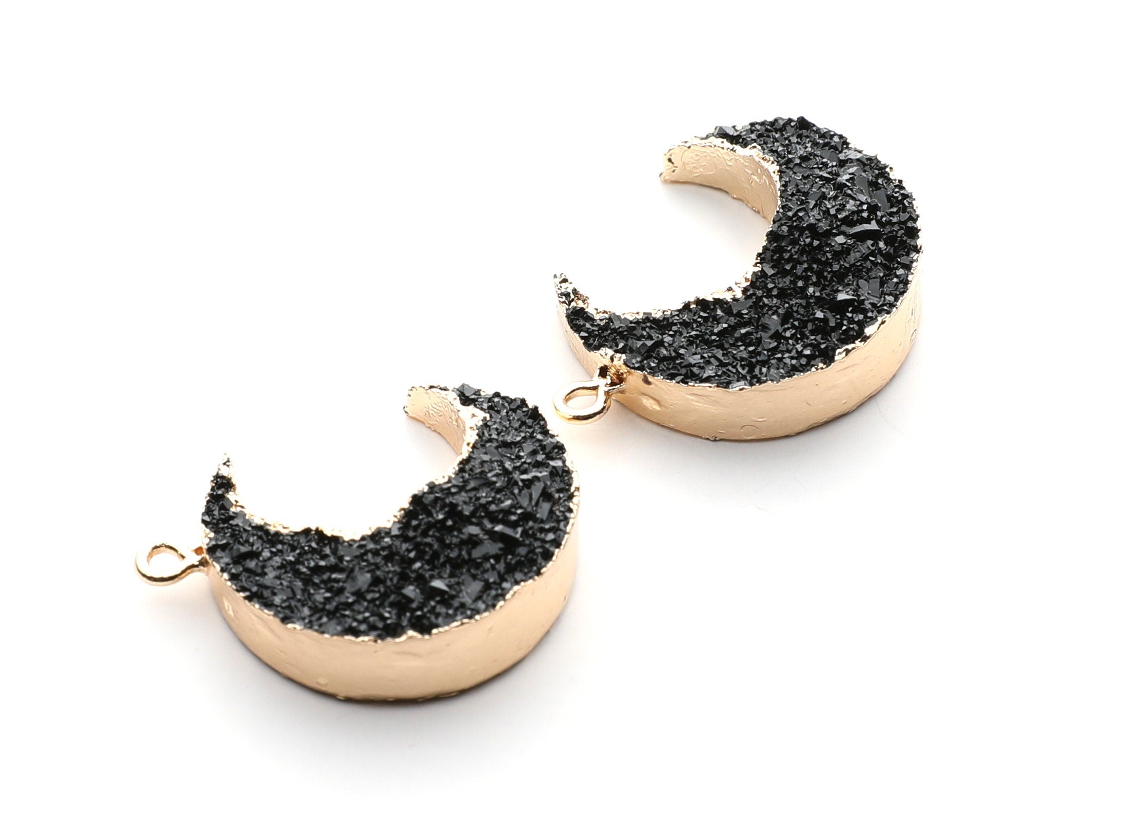 Druzy Earring Charms - Black Resin Copper Earrings for Right Side - Big Moon Shaped Pendant - 30.42x22.96x8.36mm - RC1002K - DOMEDBAZAAR