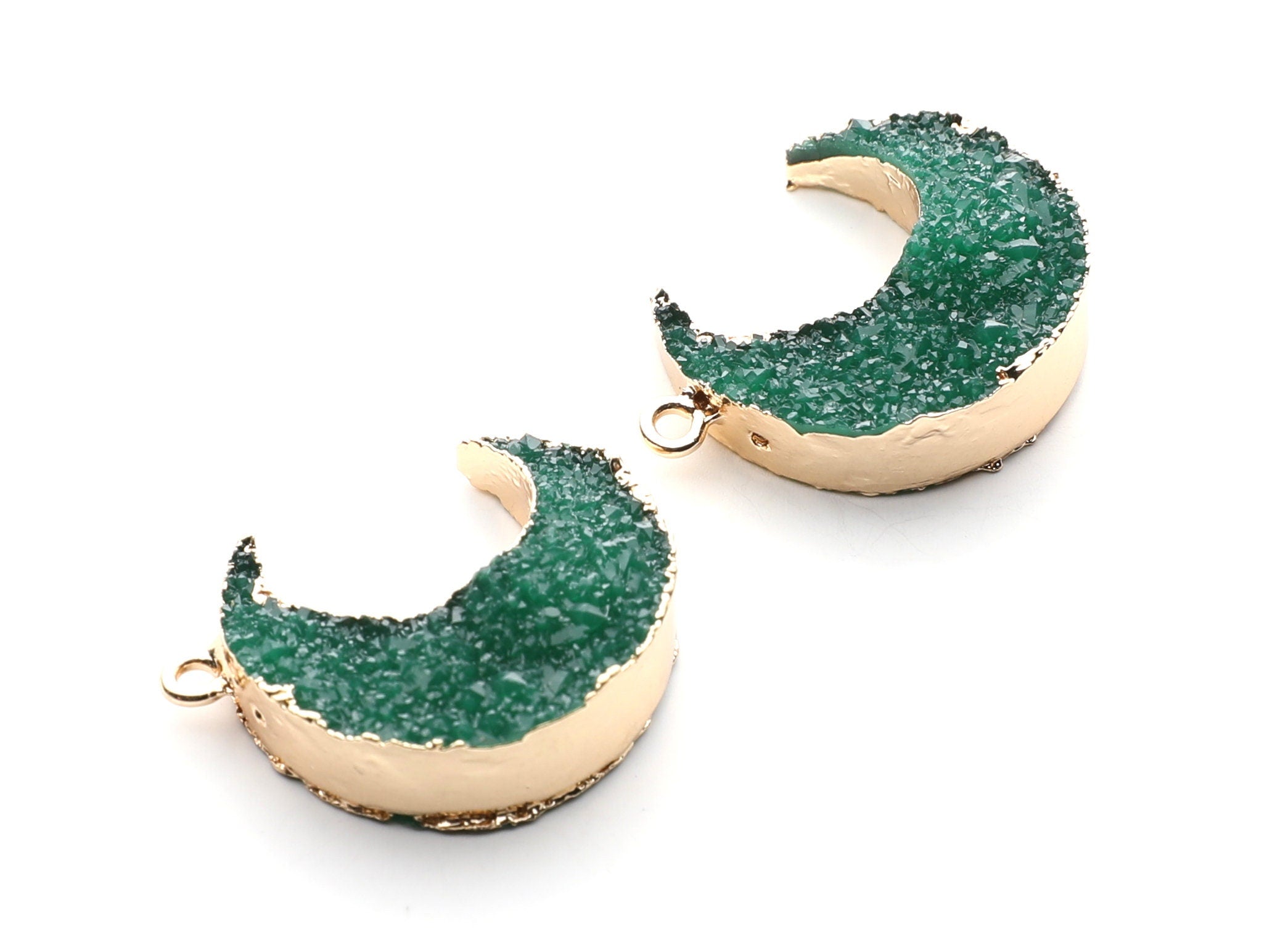 Druzy Earring Charms - Green Resin Copper Earrings for Right Side - Big Moon Shaped Pendant - 30.42x22.96x8.36mm - RC1002P - DOMEDBAZAAR