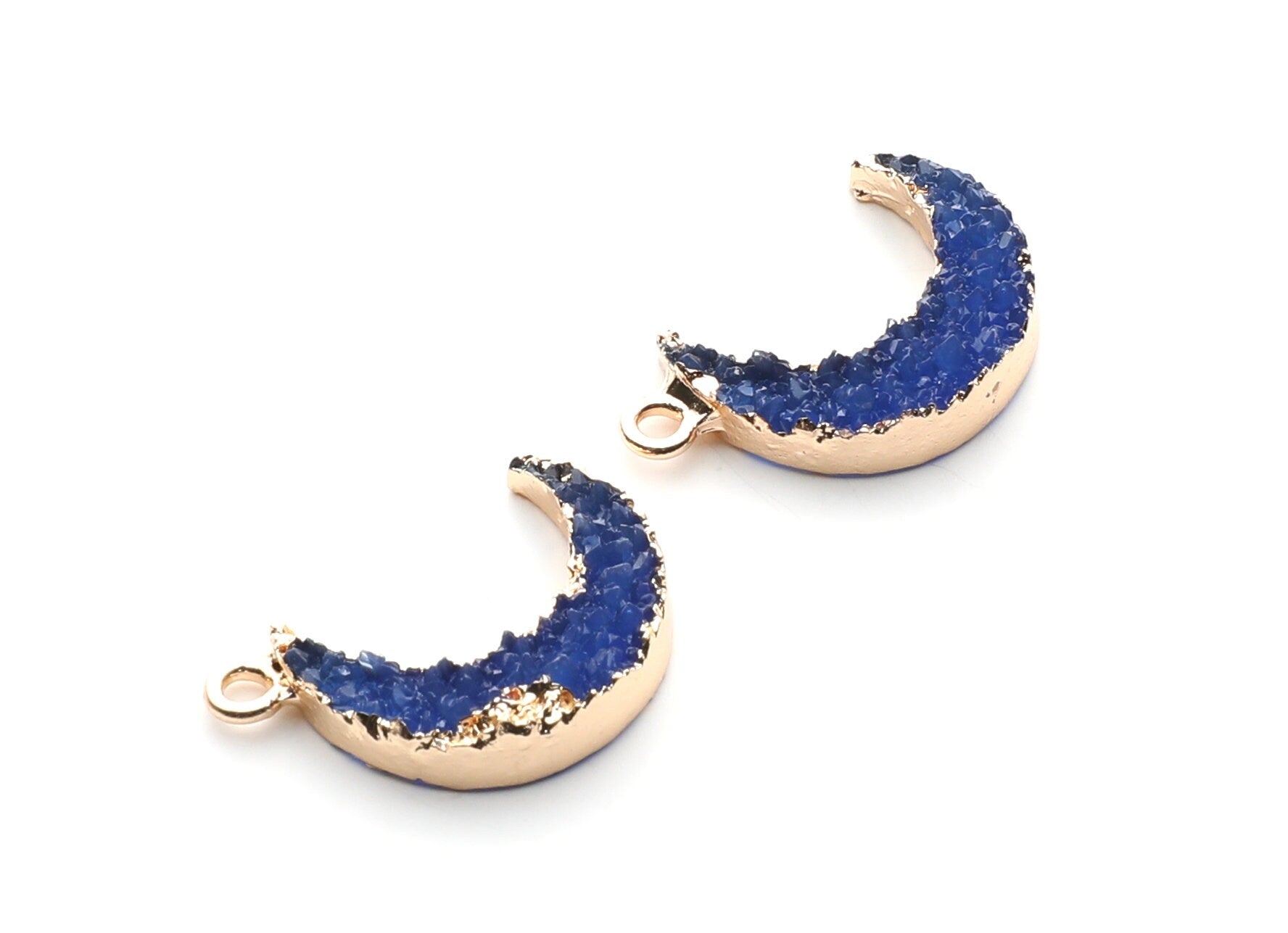 Druzy Earring Charms - Dark Blue Resin Copper Earrings for Right Side - Moon Shaped Pendant - 24.34x15.92x5.14mm - RC1007B - DOMEDBAZAAR