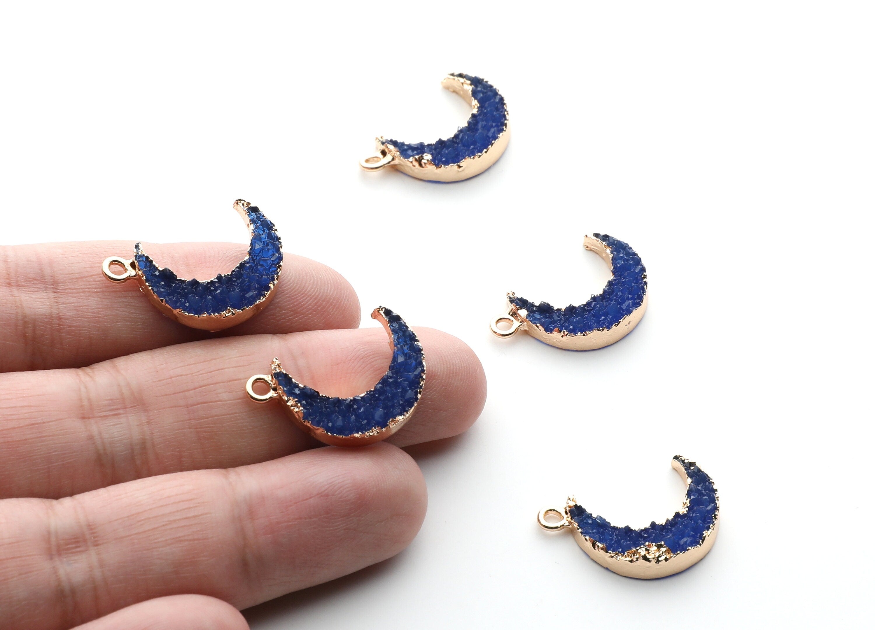 Druzy Earring Charms - Dark Blue Resin Copper Earrings for Right Side - Moon Shaped Pendant - 24.34x15.92x5.14mm - RC1007B - DOMEDBAZAAR