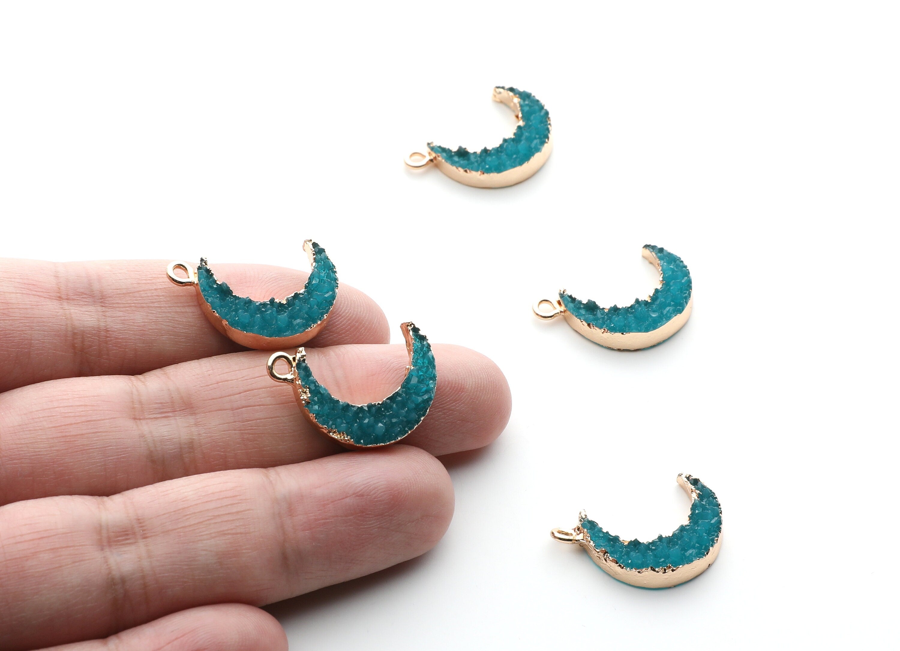 Druzy Earring Charms - Light Blue Resin Copper Earrings for Right Side - Moon Shaped Pendant - 24.34x15.92x5.14mm - RC1007D - DOMEDBAZAAR