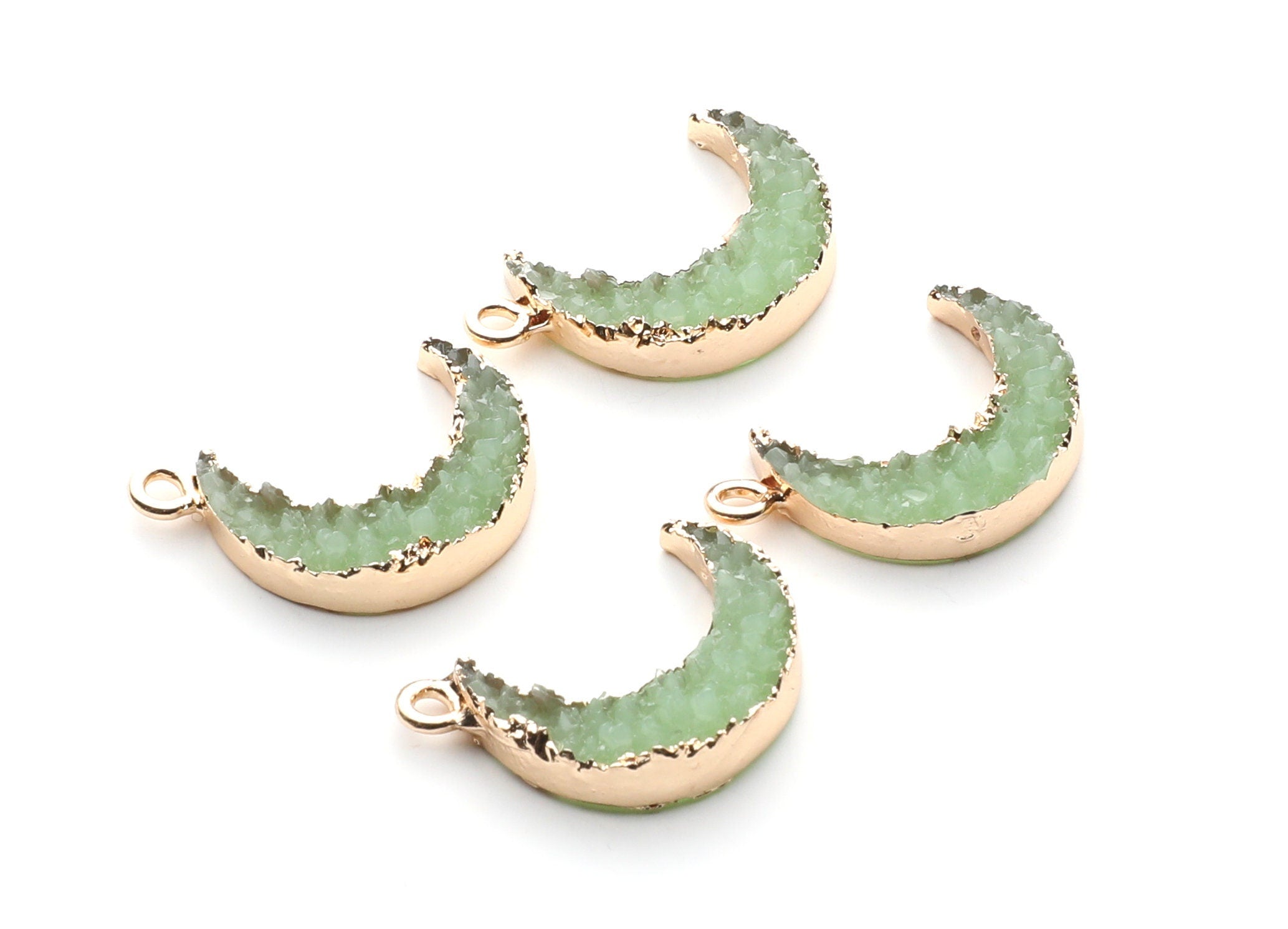 Druzy Earring Charms - Light Green Resin Copper Earrings for Right Side - Moon Shaped Pendant - 24.34x15.92x5.14mm - RC1007K - DOMEDBAZAAR