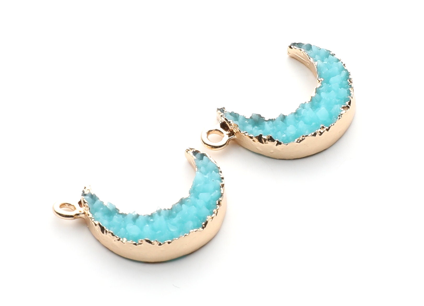 Druzy Earring Charms - Light Blue Resin Copper Earrings for Right Side - Moon Shaped Pendant - 24.34x15.92x5.14mm - RC1007P - DOMEDBAZAAR