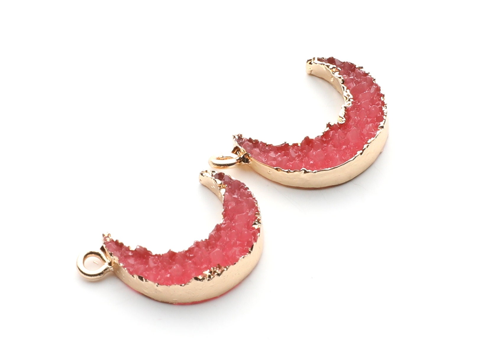Druzy Earring Charms - Pink Resin Copper Earrings for Right Side - Moon Shaped Pendant - 24.34x15.92x5.14mm - RC1007G - DOMEDBAZAAR