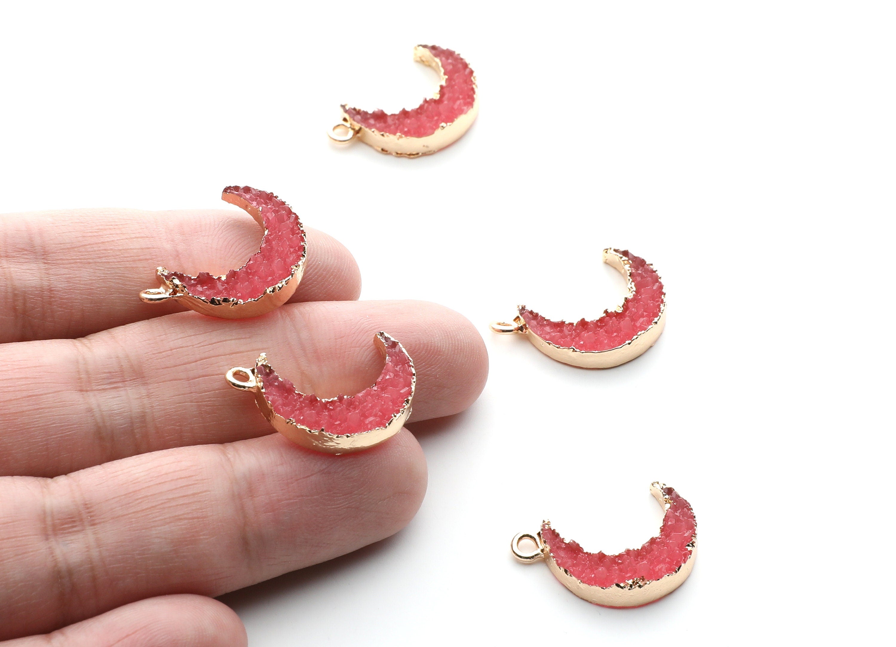 Druzy Earring Charms - Pink Resin Copper Earrings for Right Side - Moon Shaped Pendant - 24.34x15.92x5.14mm - RC1007G - DOMEDBAZAAR