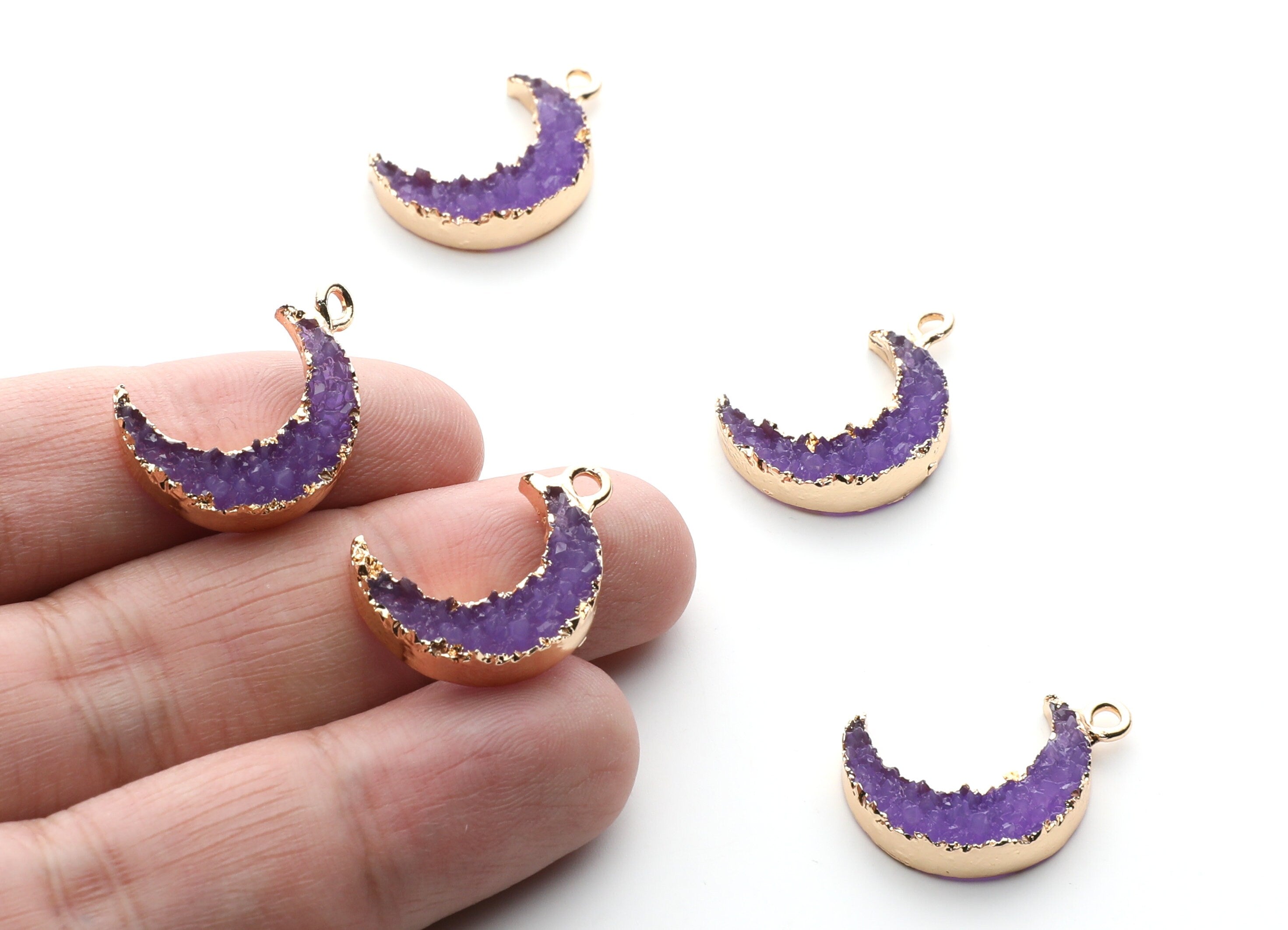 Druzy Earring Charms - Purple Resin Copper Earrings for Left Side - Moon Shaped Pendant - 23.5x15.6x5.27mm - RC1006B - DOMEDBAZAAR