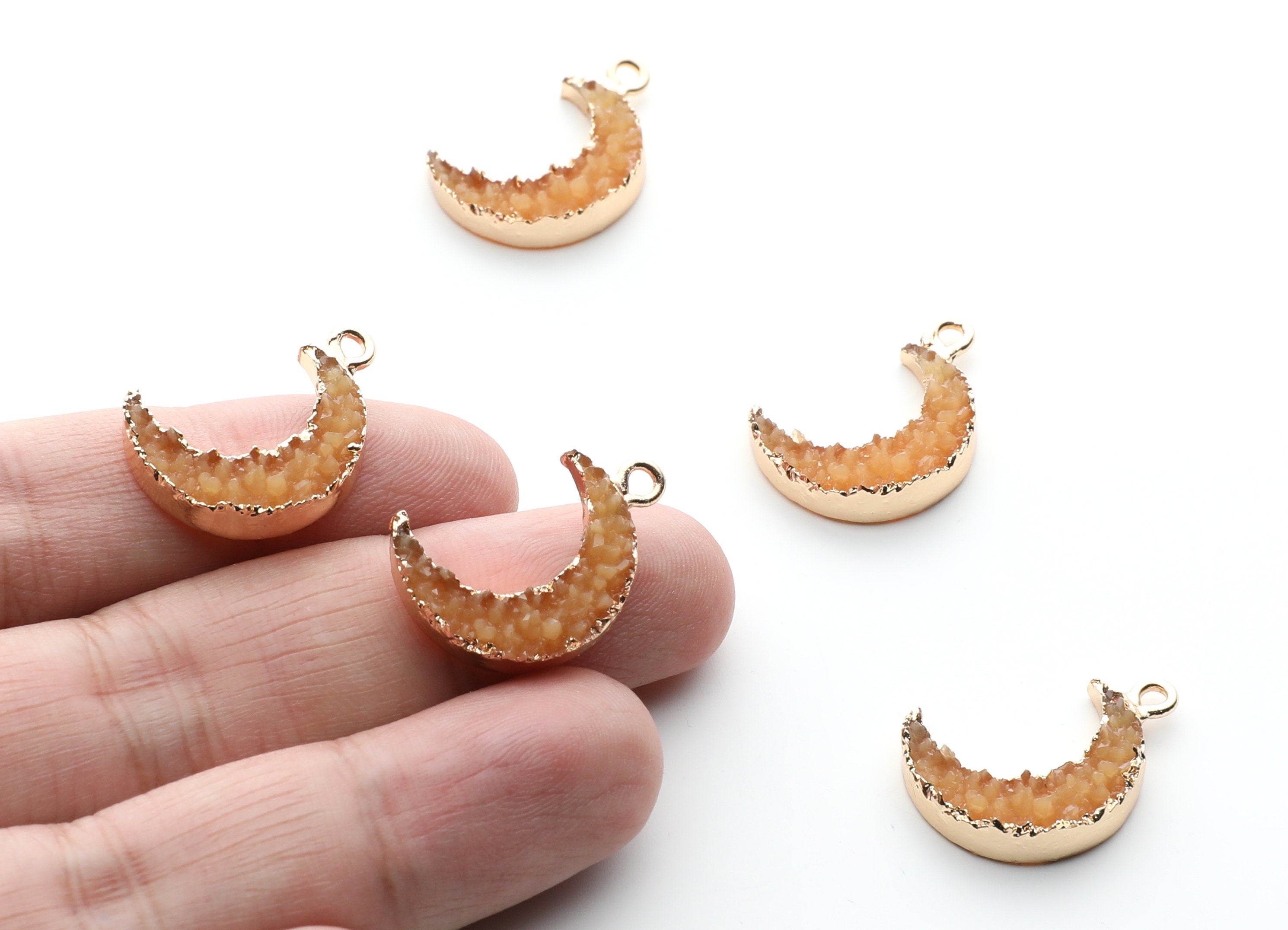 Druzy Earring Charms - Orange Resin Copper Earrings for Left Side - Moon Shaped Pendant - 23.5x15.6x5.27mm - RC1006D - DOMEDBAZAAR