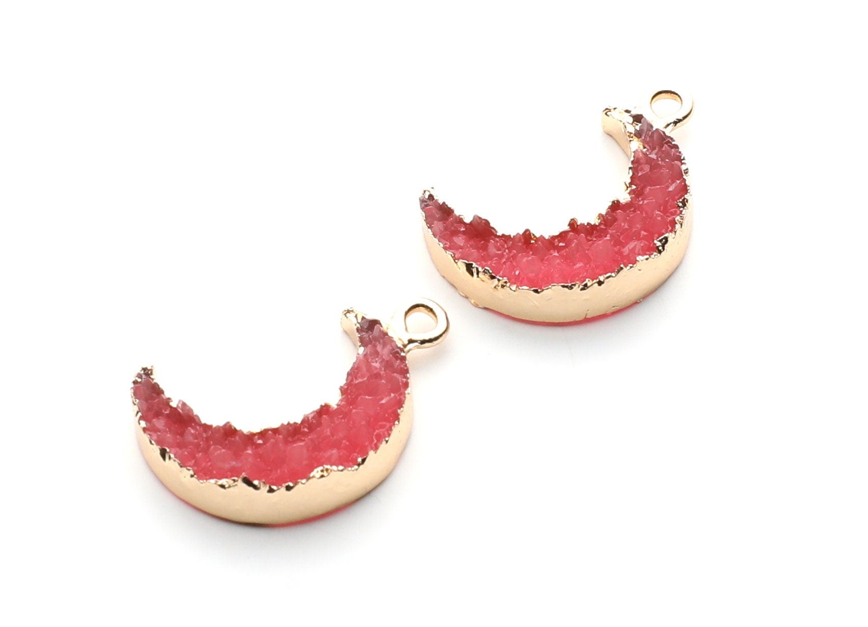 Druzy Earring Charms - Dark Pink Resin Copper Earrings for Left Side - Moon Shaped Pendant - 23.5x15.6x5.27mm - RC1006O - DOMEDBAZAAR