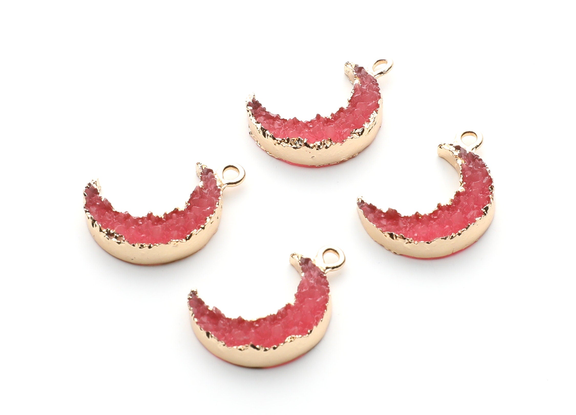 Druzy Earring Charms - Dark Pink Resin Copper Earrings for Left Side - Moon Shaped Pendant - 23.5x15.6x5.27mm - RC1006O - DOMEDBAZAAR