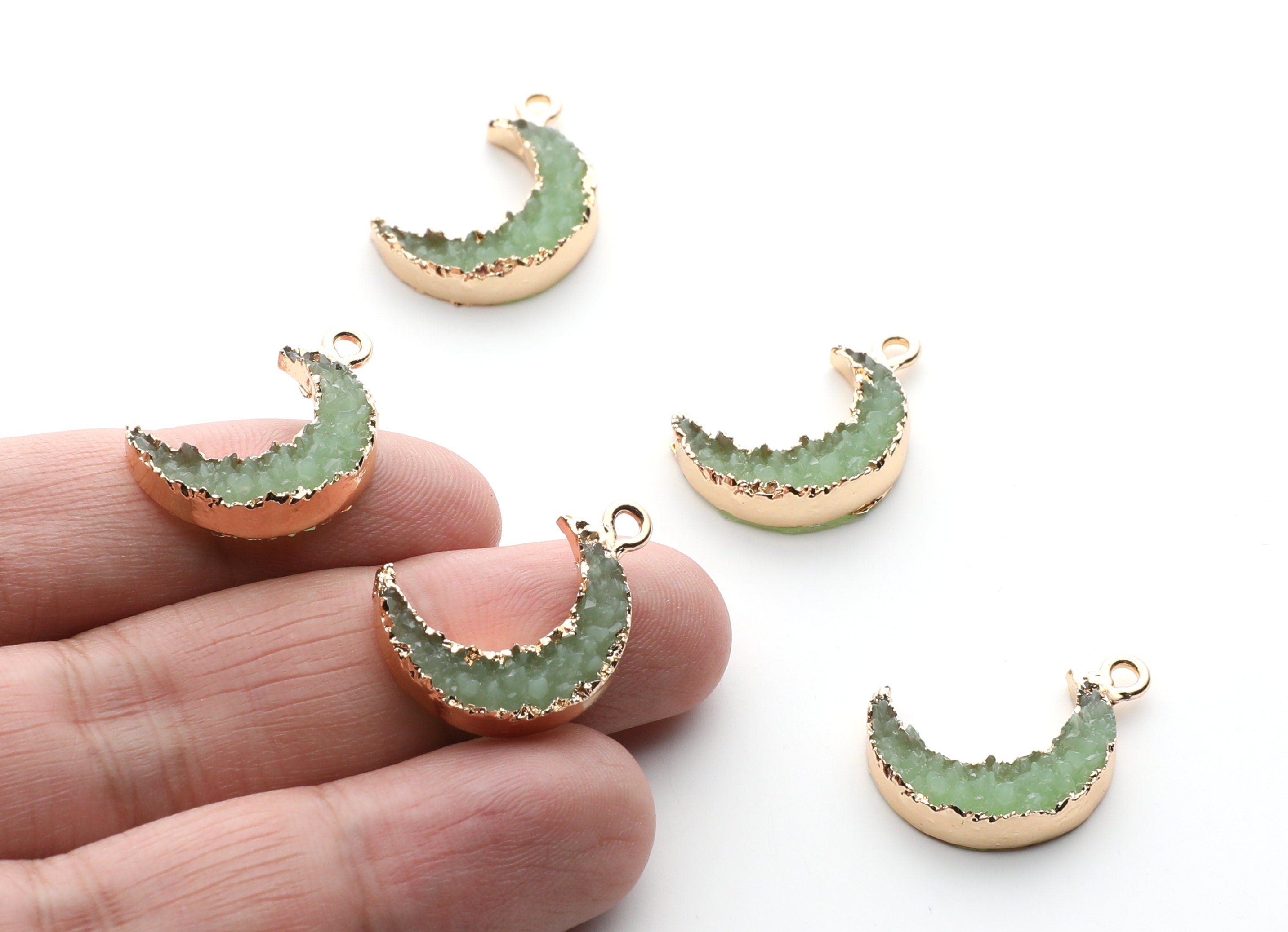Druzy Earring Charms - Light Green Resin Copper Earrings for Left Side - Moon Shaped Pendant - 23.5x15.6x5.27mm - RC1006J - DOMEDBAZAAR