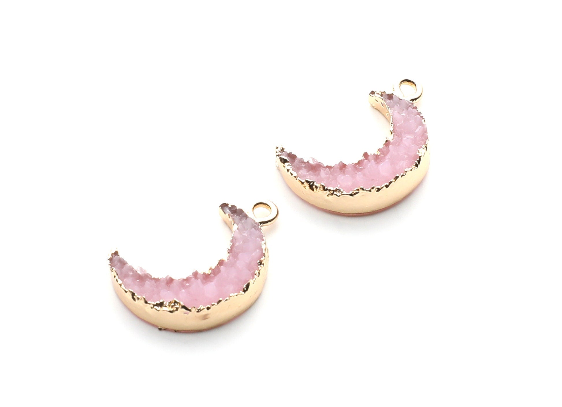Druzy Earring Charms - Light Pink Resin Copper Earrings for Left Side - Moon Shaped Pendant - 23.5x15.6x5.27mm - RC1006H - DOMEDBAZAAR