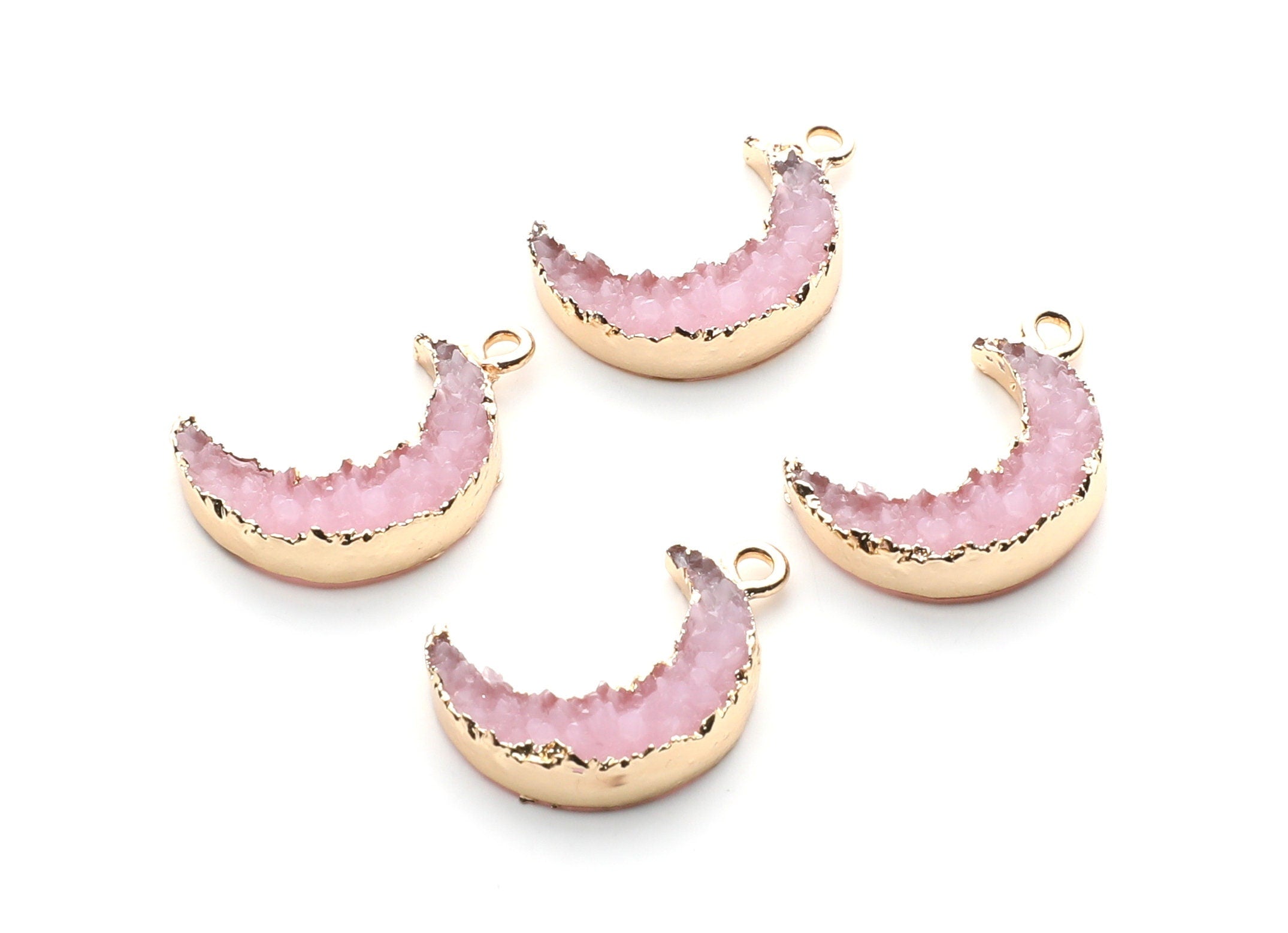 Druzy Earring Charms - Light Pink Resin Copper Earrings for Left Side - Moon Shaped Pendant - 23.5x15.6x5.27mm - RC1006H - DOMEDBAZAAR