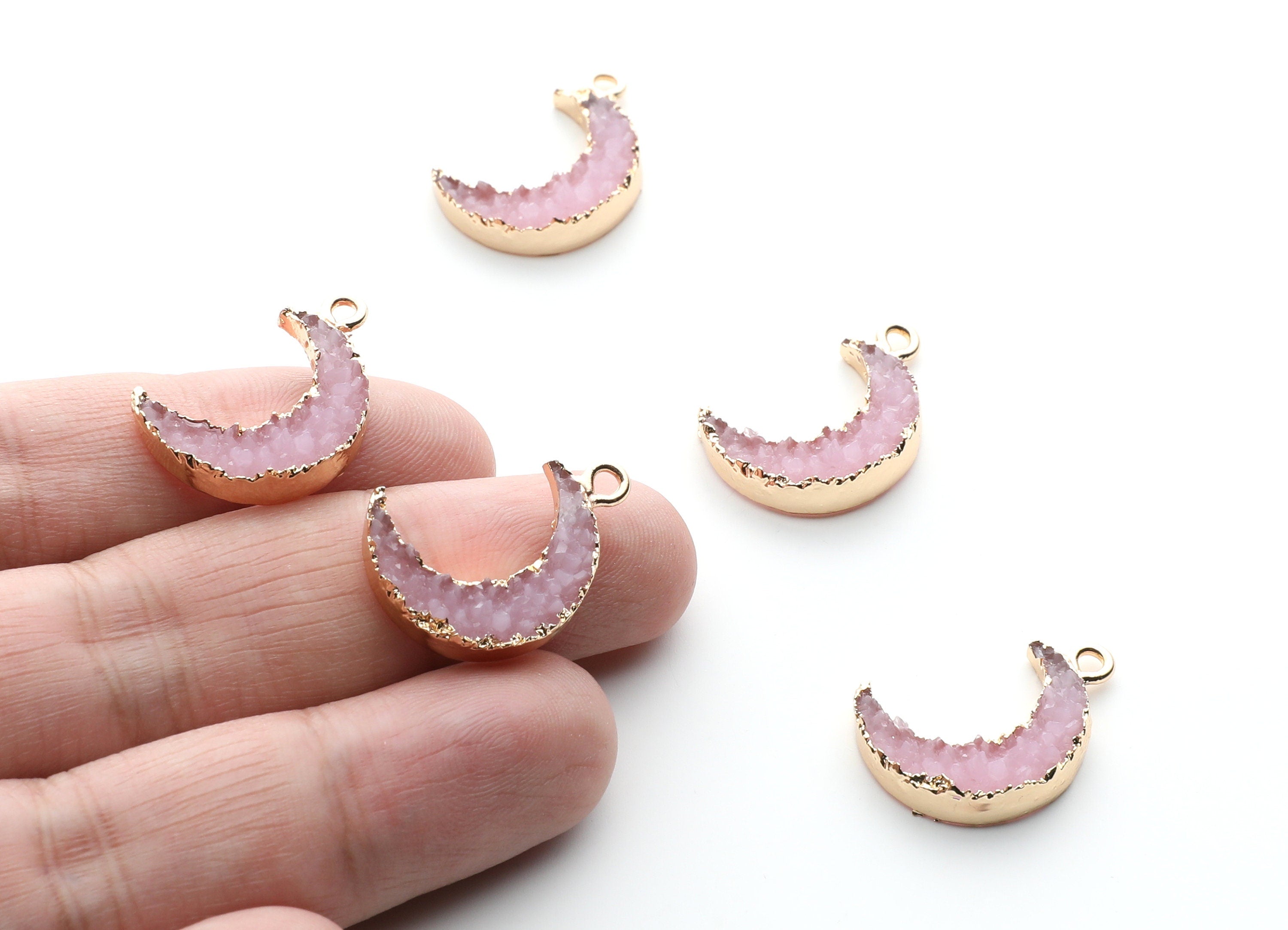 Druzy Earring Charms - Light Pink Resin Copper Earrings for Left Side - Moon Shaped Pendant - 23.5x15.6x5.27mm - RC1006H - DOMEDBAZAAR