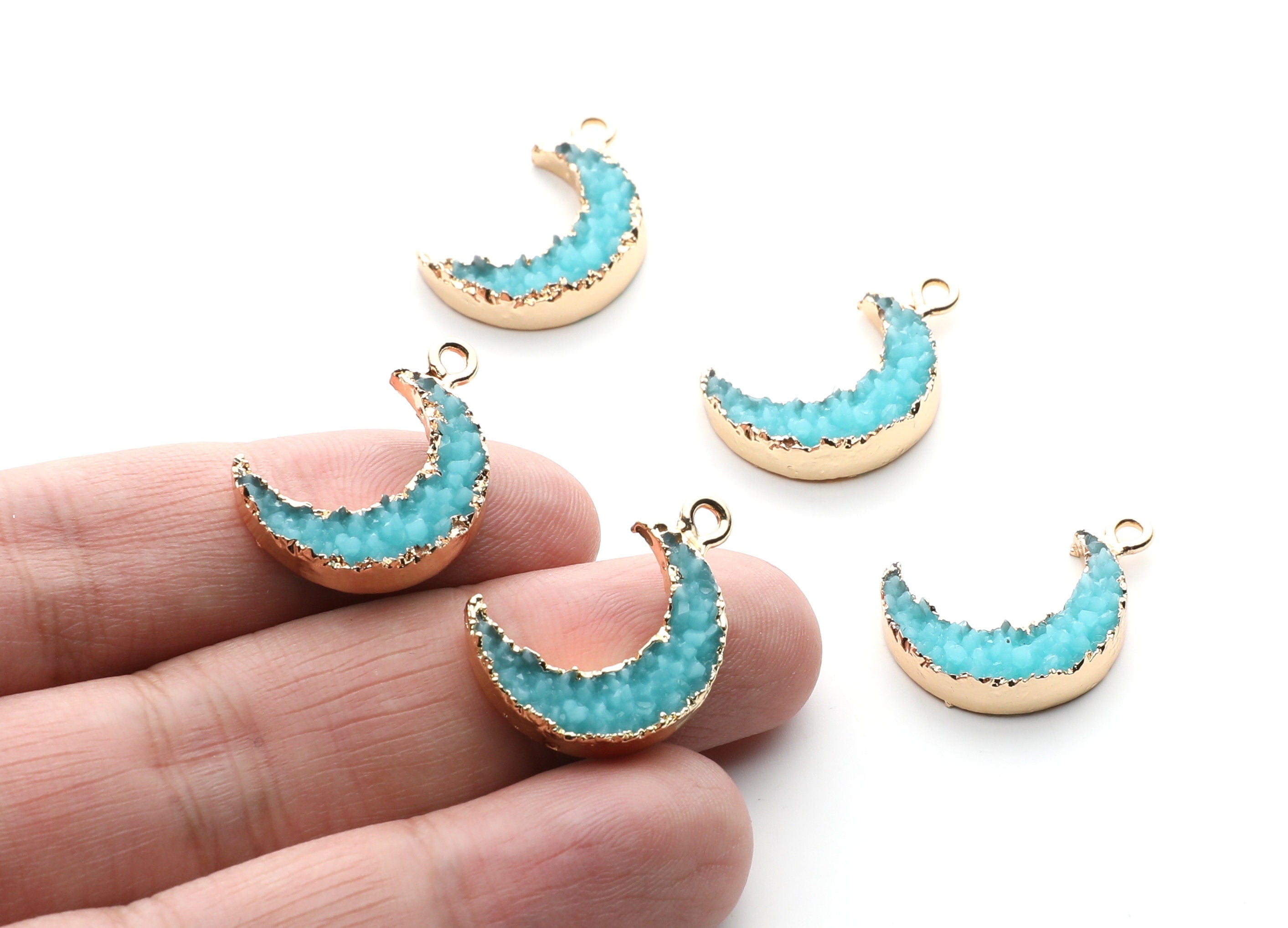 Druzy Earring Charms - Light Blue Resin Copper Earrings for Left Side - Moon Shaped Pendant - 23.5x15.6x5.27mm - RC1006L - DOMEDBAZAAR