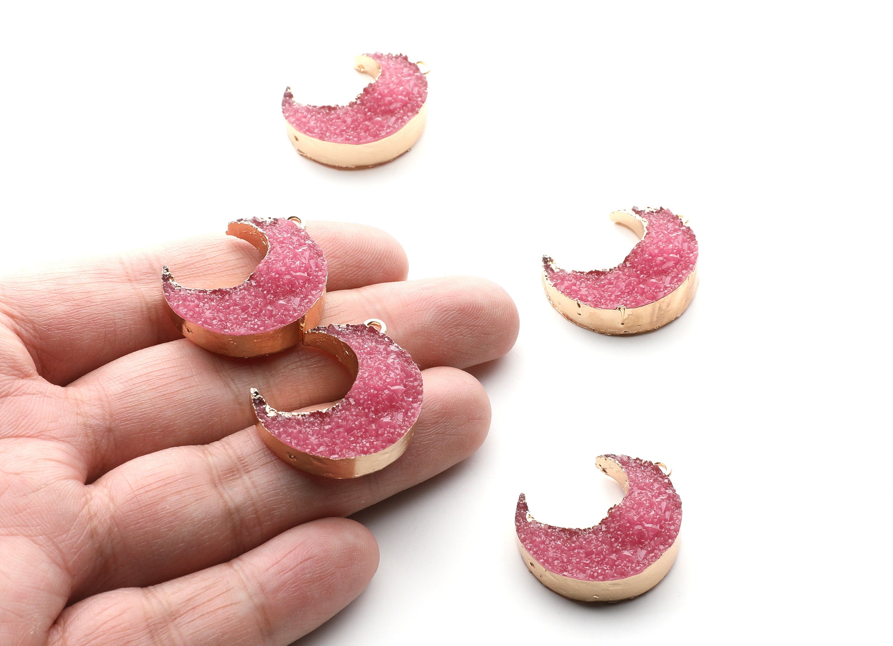 Druzy Earring Charms - Dark Pink Resin Copper Earrings for Left Side - Big Moon Shaped Pendant - 30.42x22.96x8.36mm - RC1004B - DOMEDBAZAAR