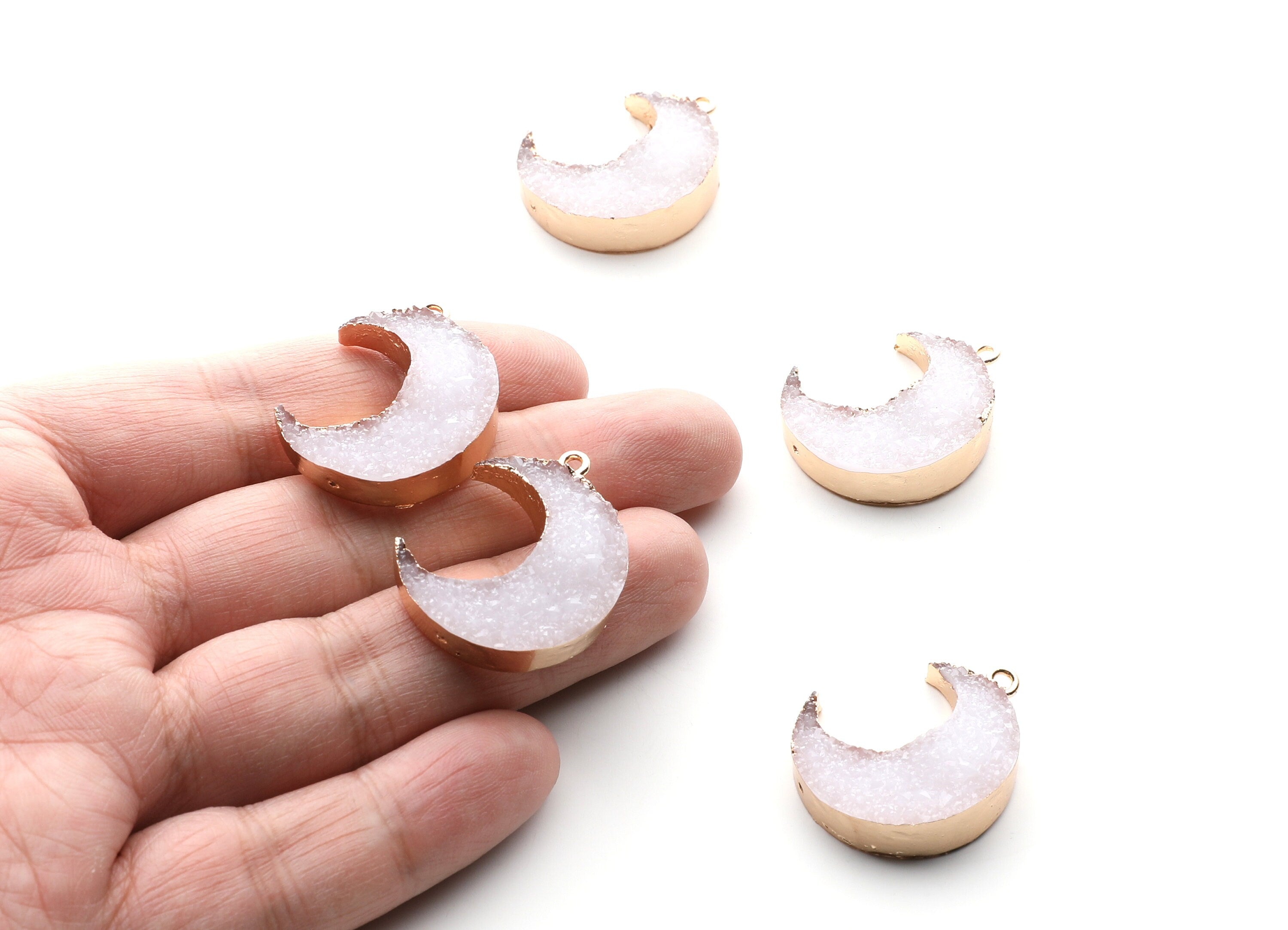 Druzy Earring Charms - White Resin Copper Earrings for Left Side - Big Moon Shaped Pendant - 30.42x22.96x8.36mm - RC1004E - DOMEDBAZAAR
