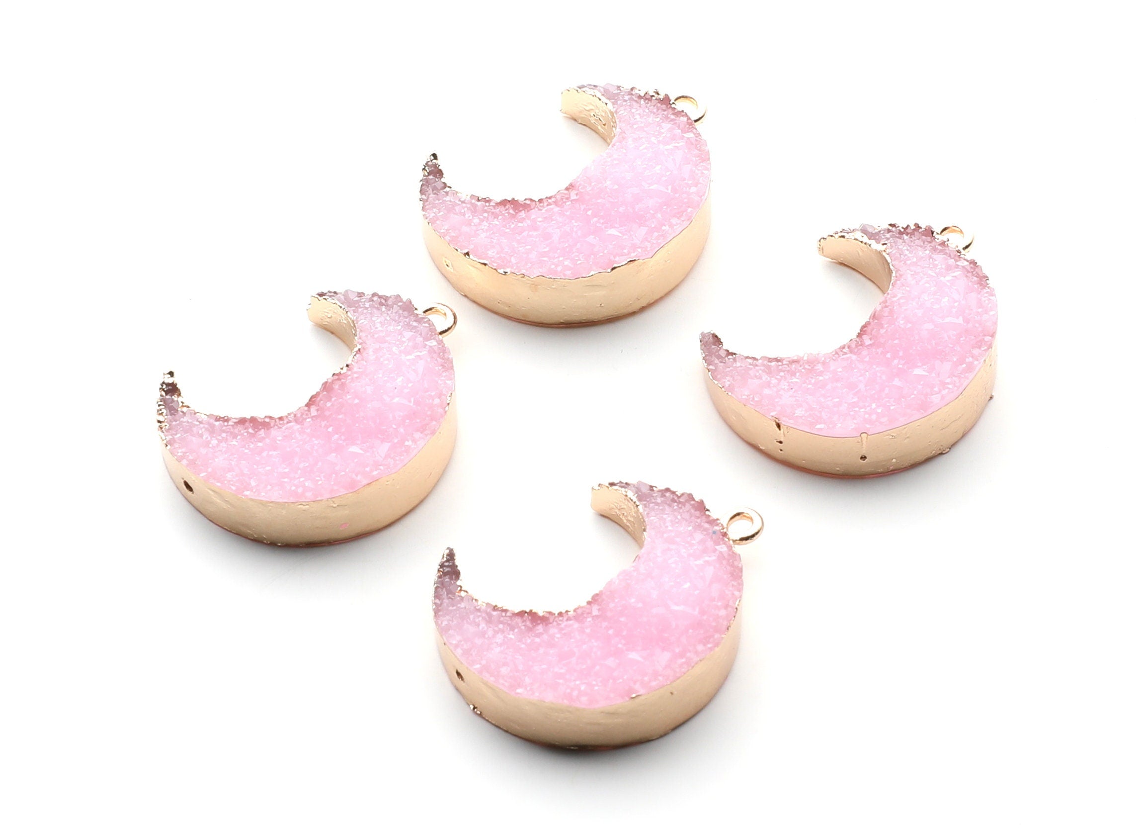 Druzy Earring Charms - Pink Resin Copper Earrings for Left Side - Big Moon Shaped Pendant - 30.42x22.96x8.36mm - RC1004F - DOMEDBAZAAR