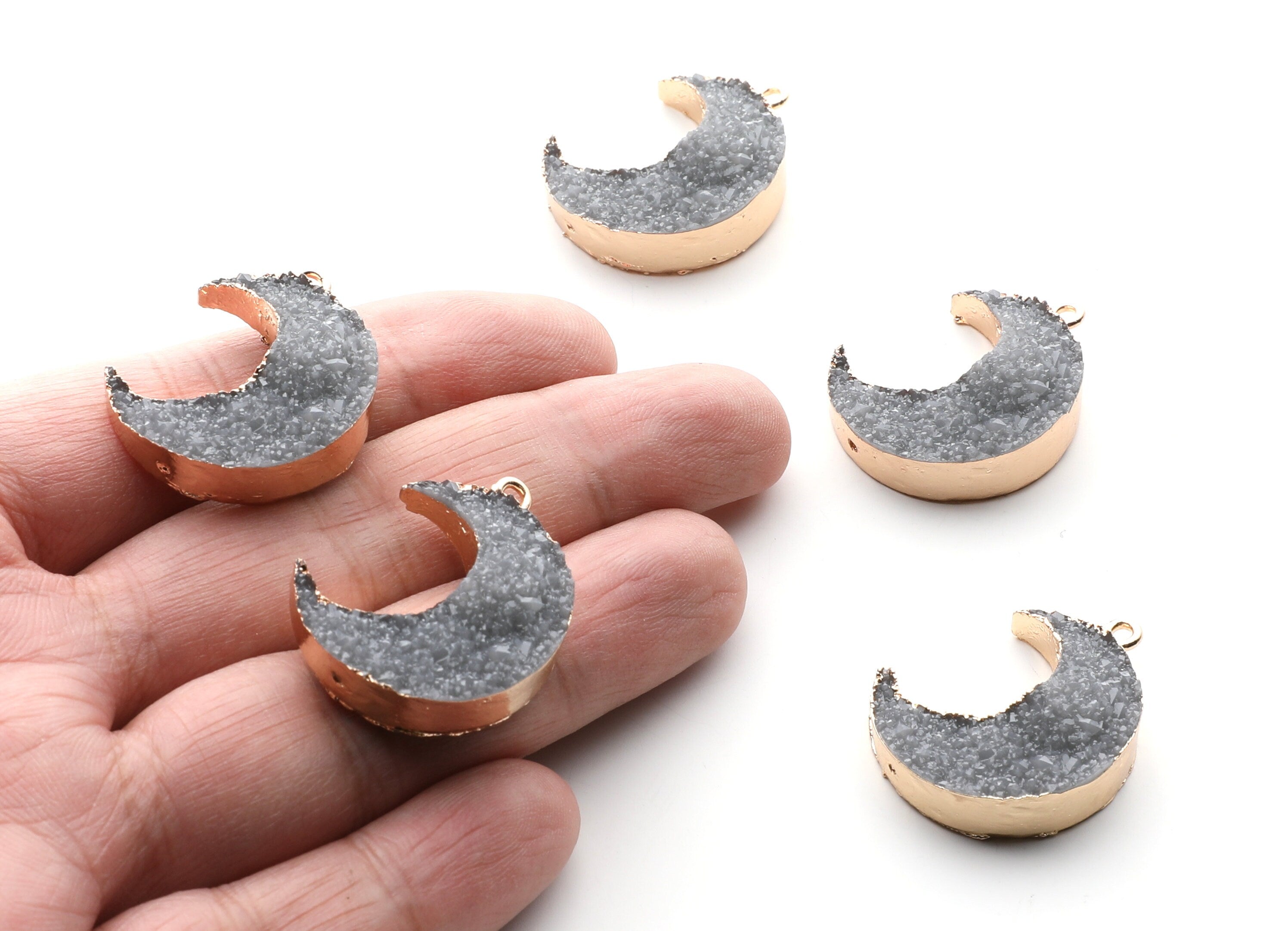 Druzy Earring Charms - Gray Resin Copper Earrings for Left Side - Big Moon Shaped Pendant - 30.42x22.96x8.36mm - RC1004M - DOMEDBAZAAR