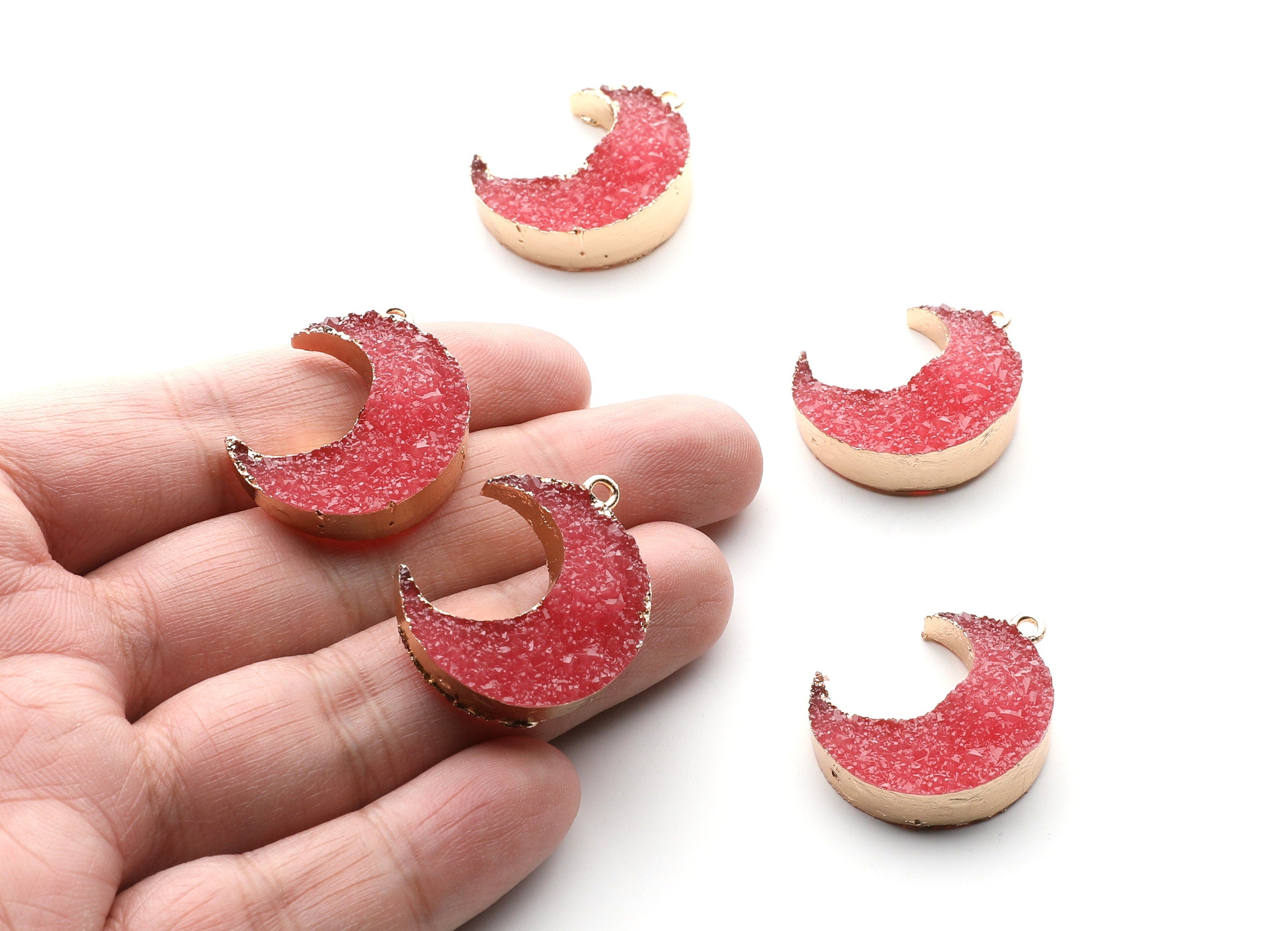 Druzy Earring Charms - Dark Pink Resin Copper Earrings for Left Side - Big Moon Shaped Pendant - 30.42x22.96x8.36mm - RC1004N - DOMEDBAZAAR
