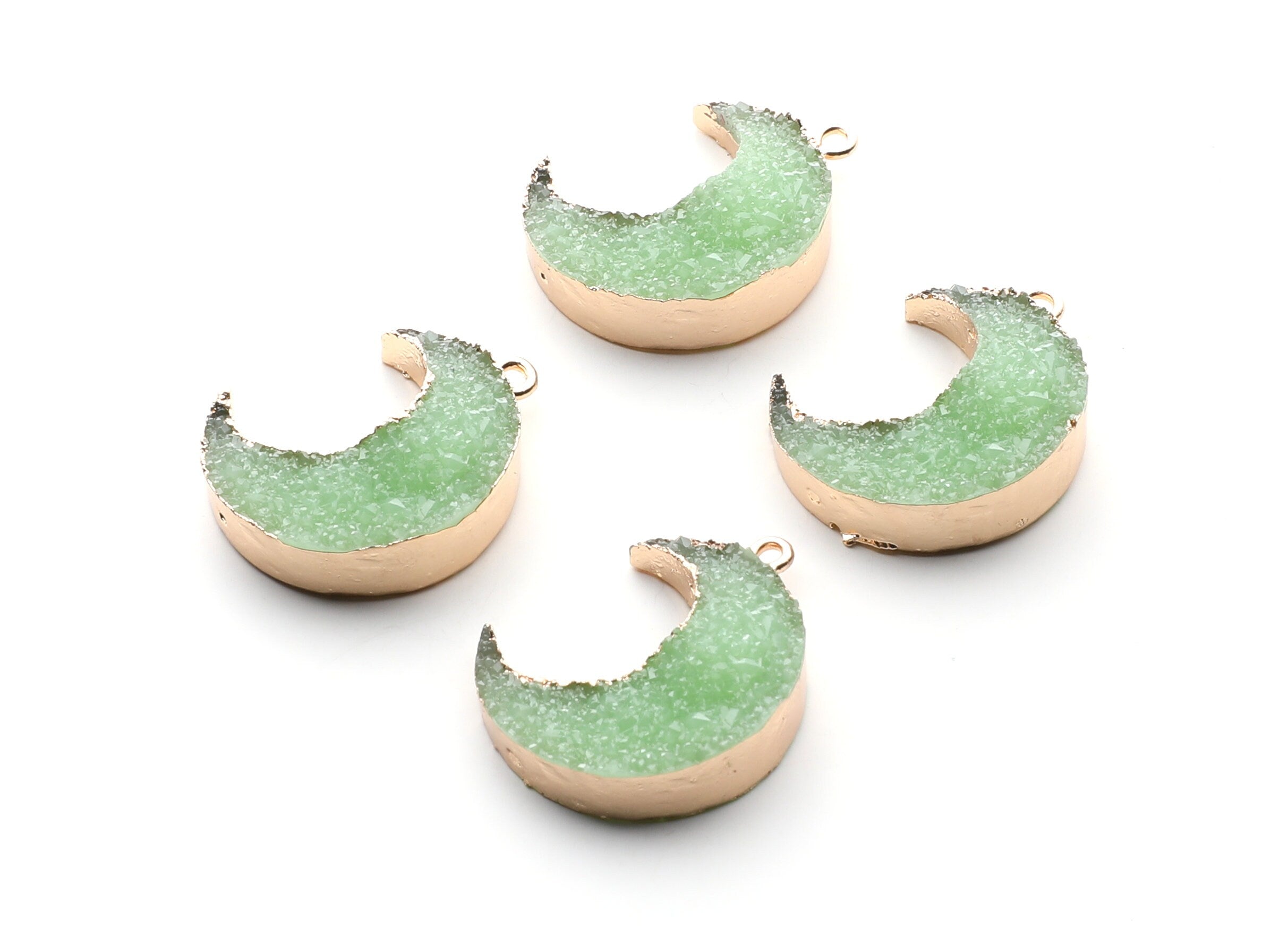 Druzy Earring Charms - Light Green Resin Copper Earrings for Left Side - Big Moon Shaped Pendant - 30.42x22.96x8.36mm - RC1004P - DOMEDBAZAAR