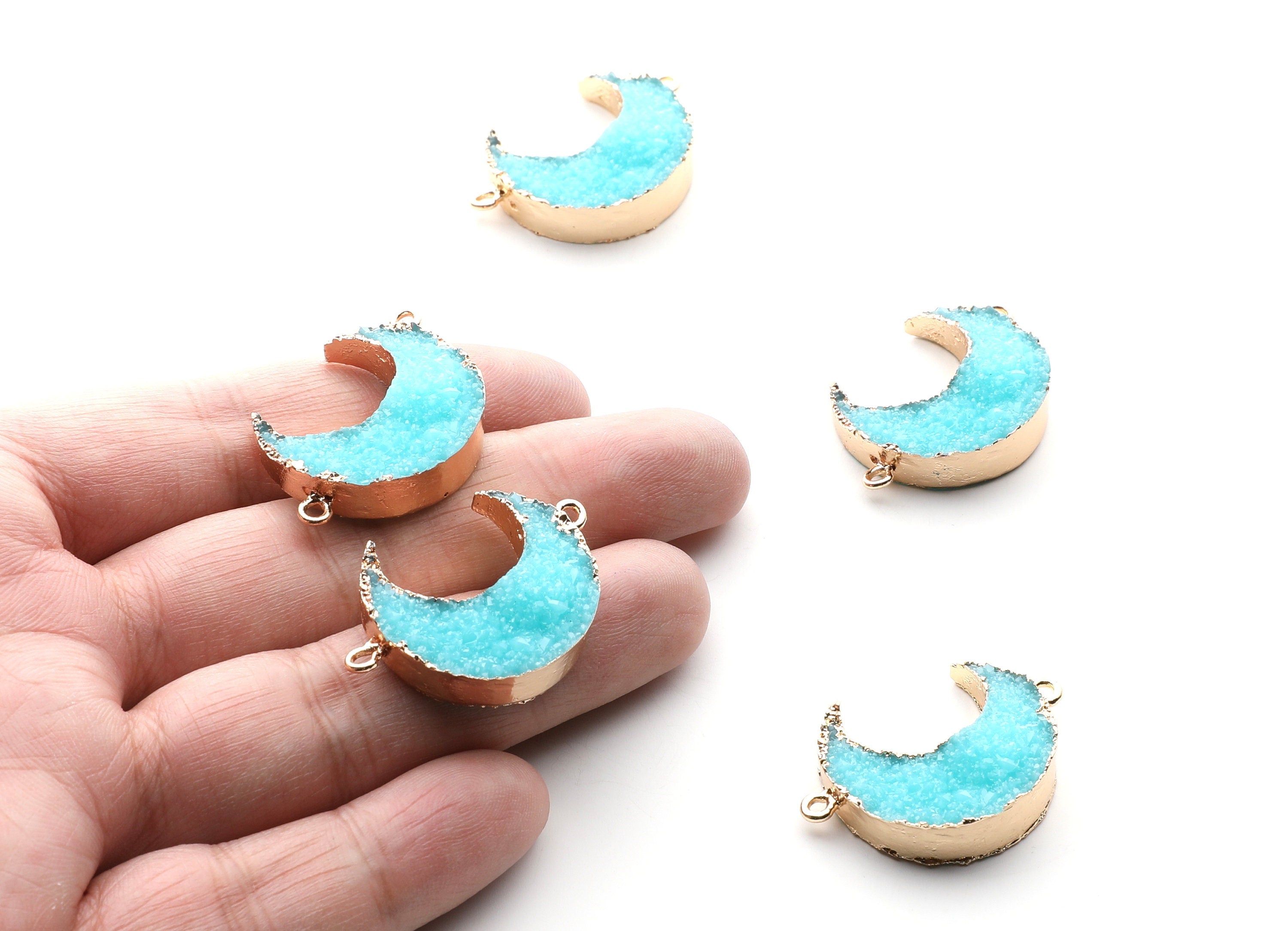 Druzy Bracelet and Necklace Charms - Light Blue Resin Copper Bracelet and Necklace - Big Moon Shaped Pendant - 34x23.4x8.5mm - RC1003E - DOMEDBAZAAR